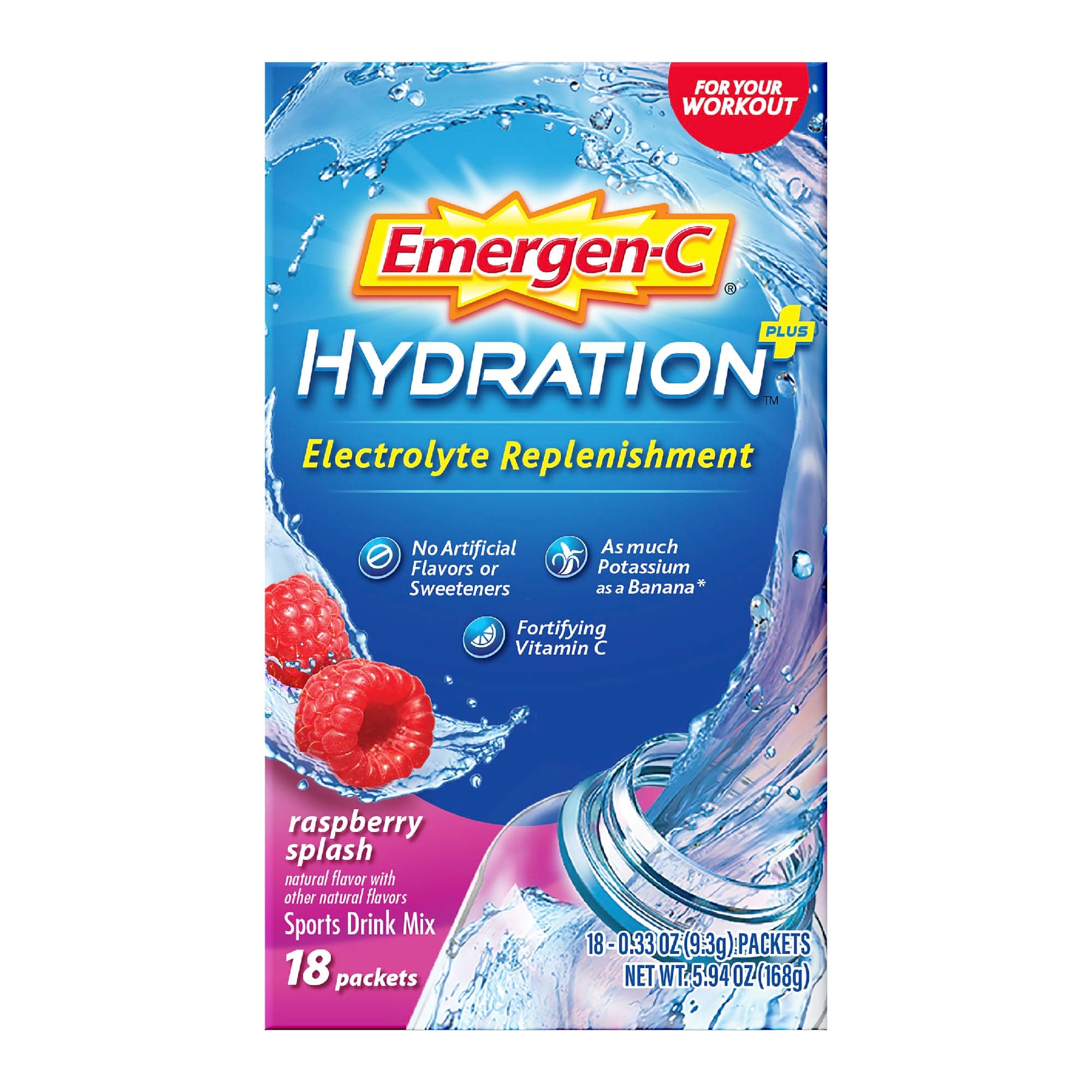 Emergen-C Hydration+ Sports Drink Mix With Vitamin C (18 Count, Raspberry Flavor), Electrolyte Replenishment, 0.33 Ounce Powder Packets