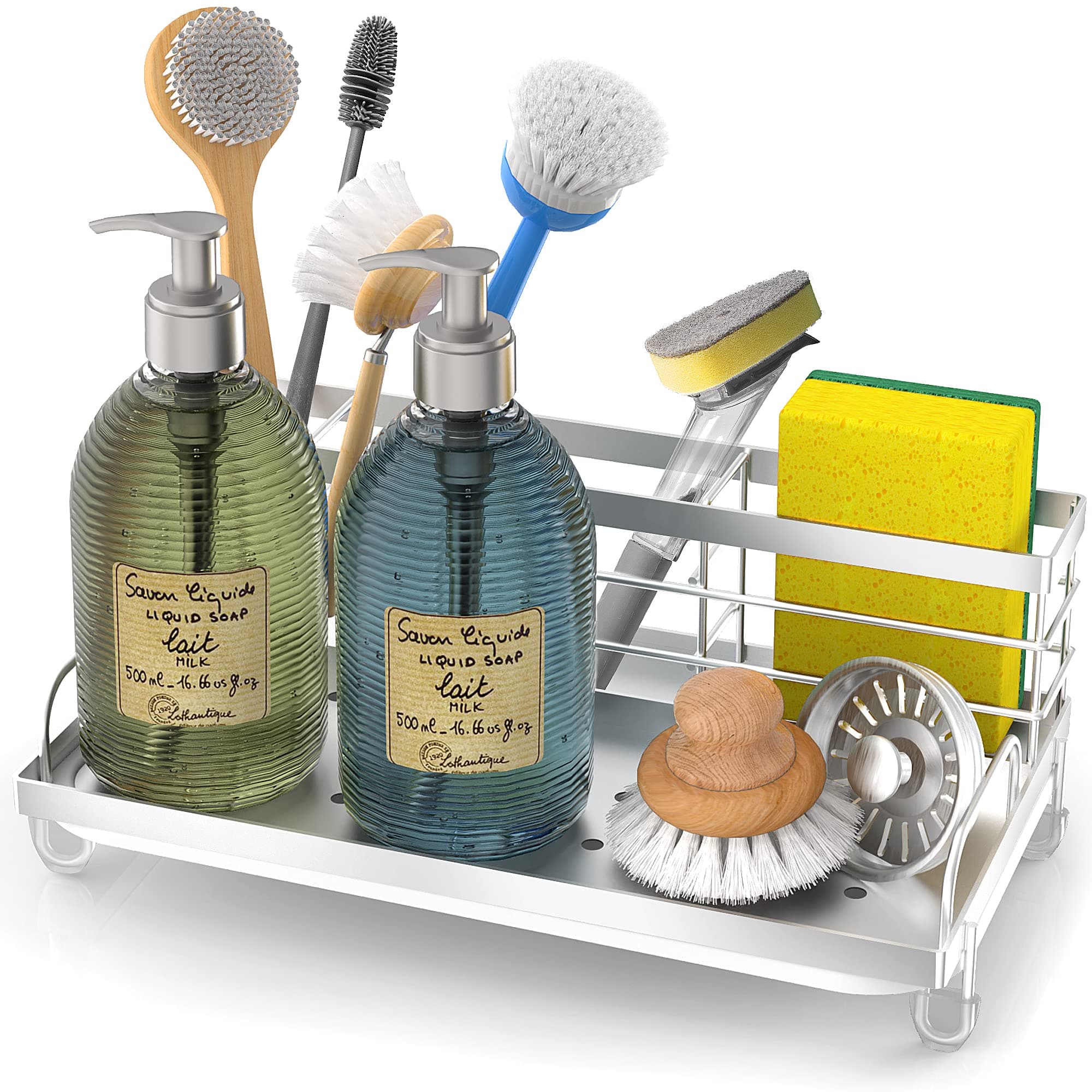 Cisily Kitchen Sink Caddy Organizer, Rustproof Non-Slip Soap Dish Dispenser Brush, Sponge Holder, Silver
