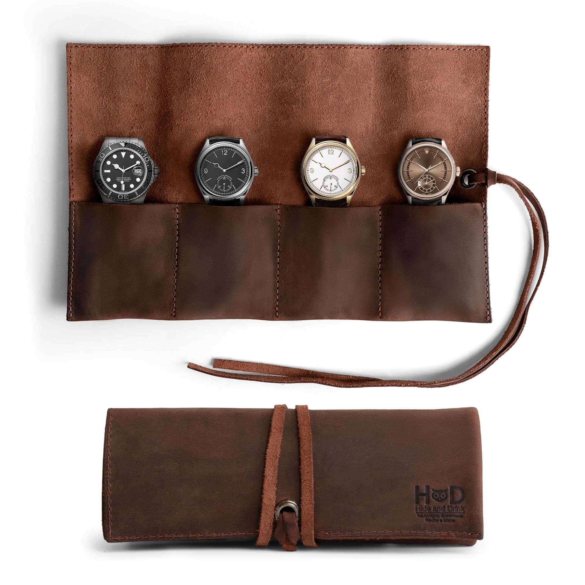 Hide & Drink, Leather Watch Roll Organizer Handmade from Full Grain Leather, Holds Up to 4 Watches, Easy Carry On Watchlover Storage (Bourbon Brown)