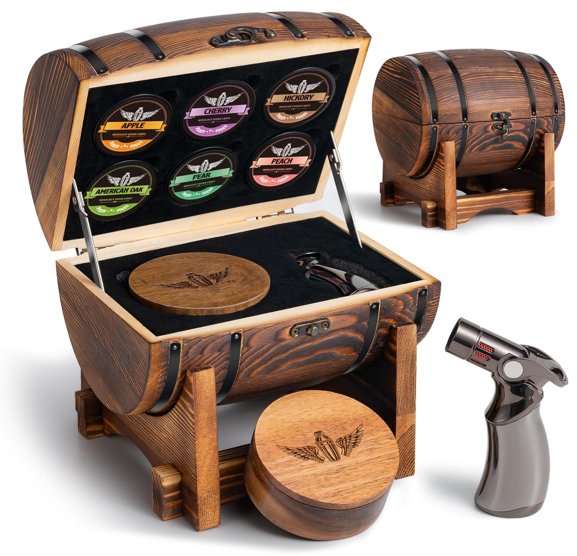 Whiskey Smoker Kit with Charred Wood Barrel (Patent Pending) – Cocktail Smoker with Torch & 6 Premium Wood Chips for Old Fashioned & Whiskey – Perfect Home Bar Gift for Men, Dad, Husband (No Butane)