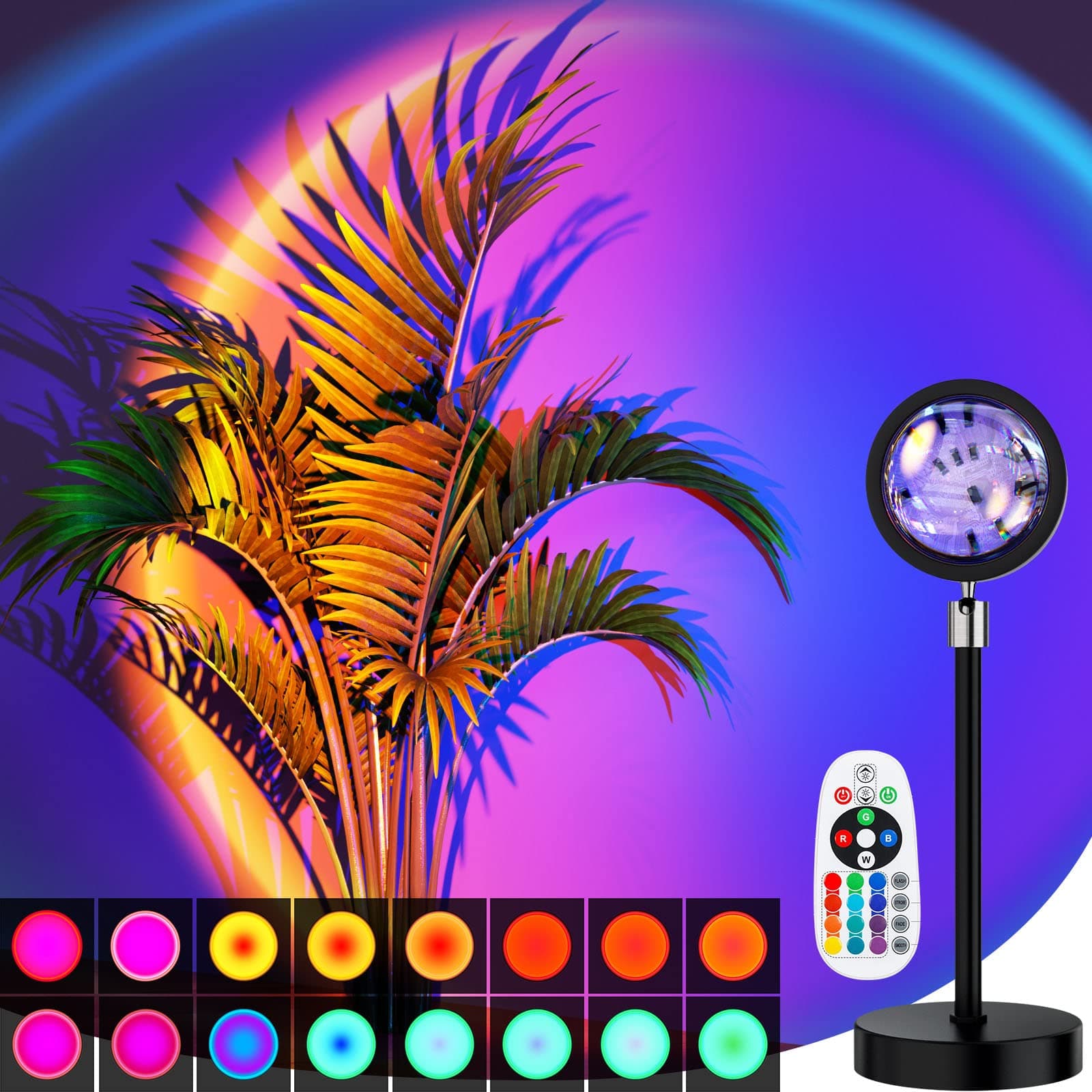 Bavcieu Sunset Lamp, Sunset Projection Lamp with Remote 16 Colors, Multiple Colors Night Light 360° Rotation Sunset Lights for Photography/Selfie/Party/Living Room/Bedroom Decor, Gifts for Women
