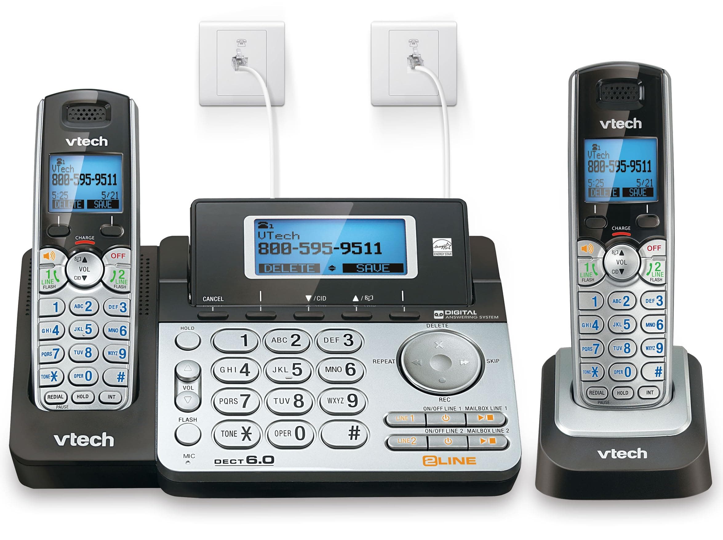 VTech DS6151-2 2-Line Expandable Cordless Phone System with 2 Handsets, Digital Answering System, Caller ID, DECT 6.0 - Home & Small Business (Black/Silver)
