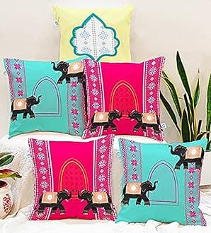 STITCHNEST Elephant Printed Cotton Canvas Cushion Covers, Set of 5 ( 24 x 24 Inches )