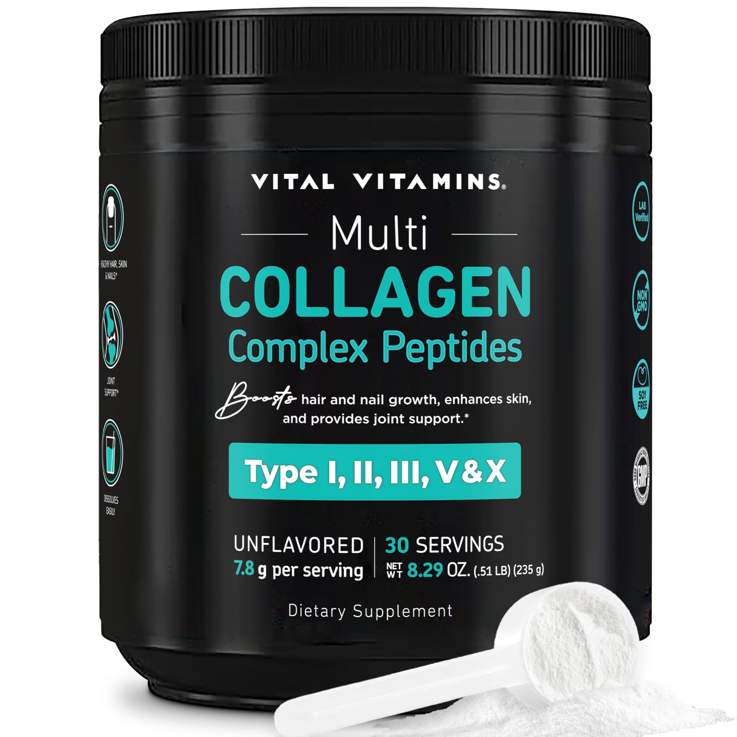 Multi Collagen Peptides Powder - Unflavored, Easy to Dissolve - Type I, II, III, V, X - for Women & Men - Promotes Hair, Skin, Nails, & Joint Health - 30 Servings