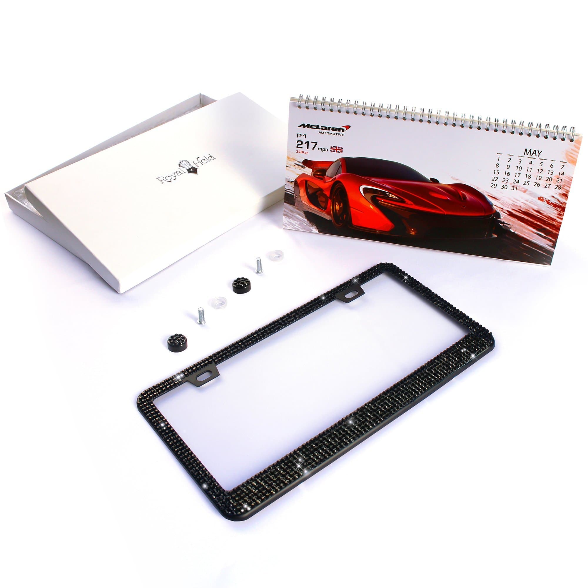 Black Diamond - Bling License Plate Frame by Royal Hold - Various Colors Available. Includes Screw & Cap Set. Rustproof Metal Frame.