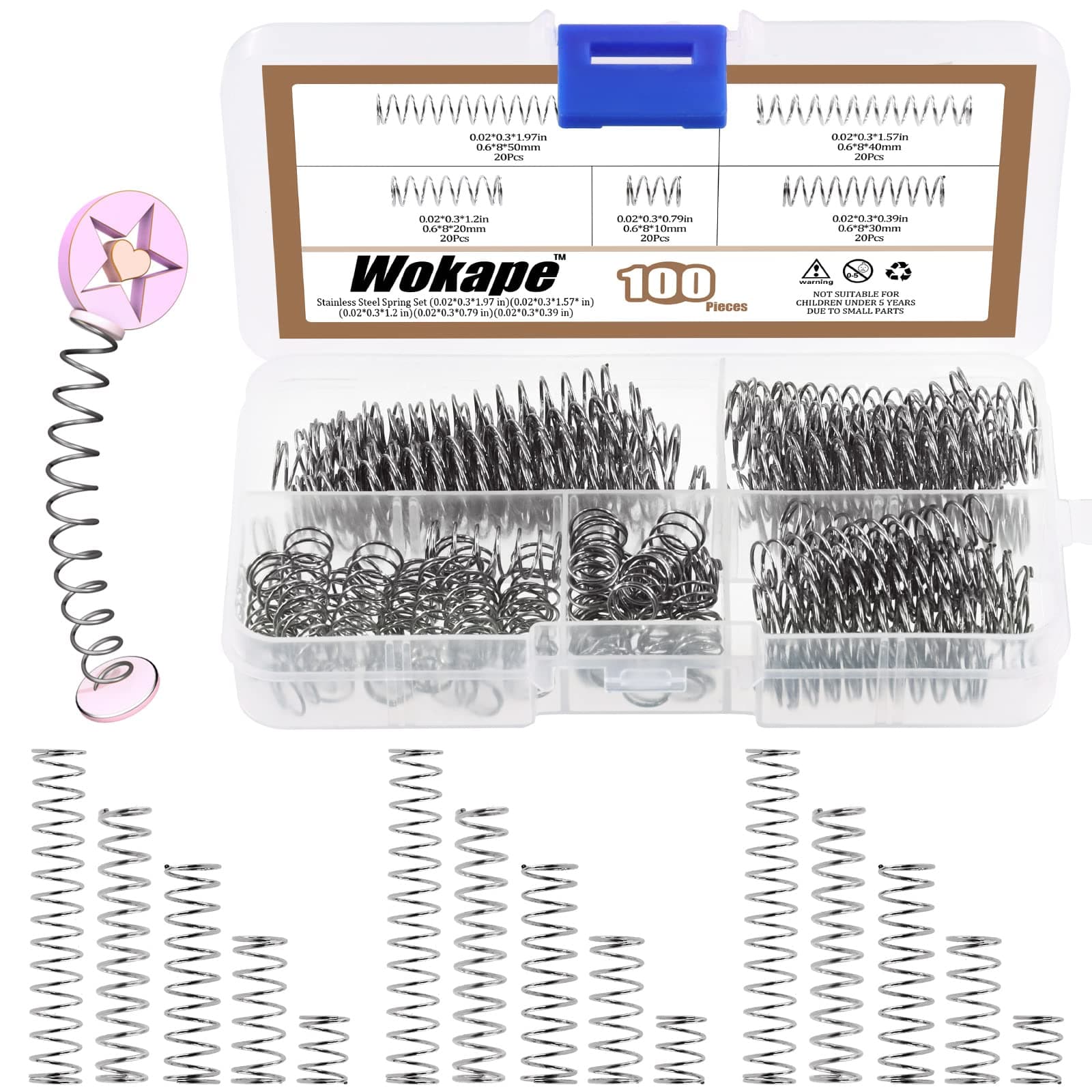 Wokape W516 100Pcs Compression Springs Assortment Kit, 5 Sizes Mini Stainless Steel Compression Springs for Shop and Home Repairs, 0.6mm Wire Diameter, 8mm OD, 10/20/30/40/50mm Length