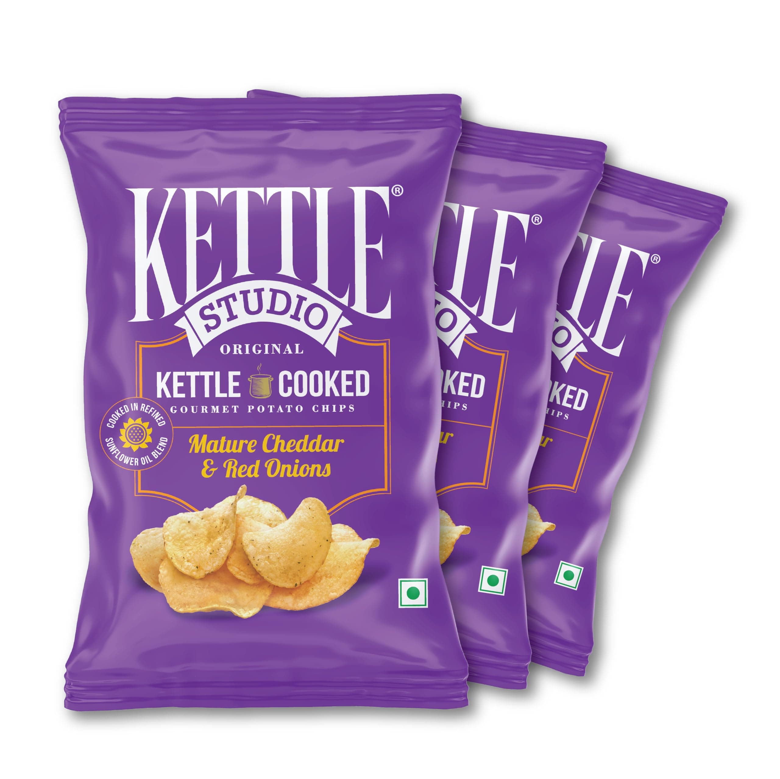 Kettle Studio | Kettle-Cooked Potato Chips Mature Cheddar & Red Onions | Crunchy, Thick Cut, Gluten-Free Snack | Cheese & Onion Chips | Party Snack | 120g Pack of 3
