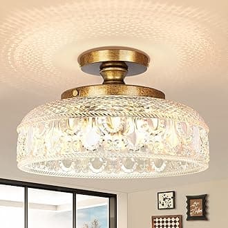 Lamomo Semi Flush Mount Ceiling Light, 3-Bulb Hallway Light Fixture, Antique Brass Gold Globe Glass Close to Ceiling Scone,Indoor Hanging Lantern for Bedroom Kitchen Porch Hallway,Bulbs Not Included