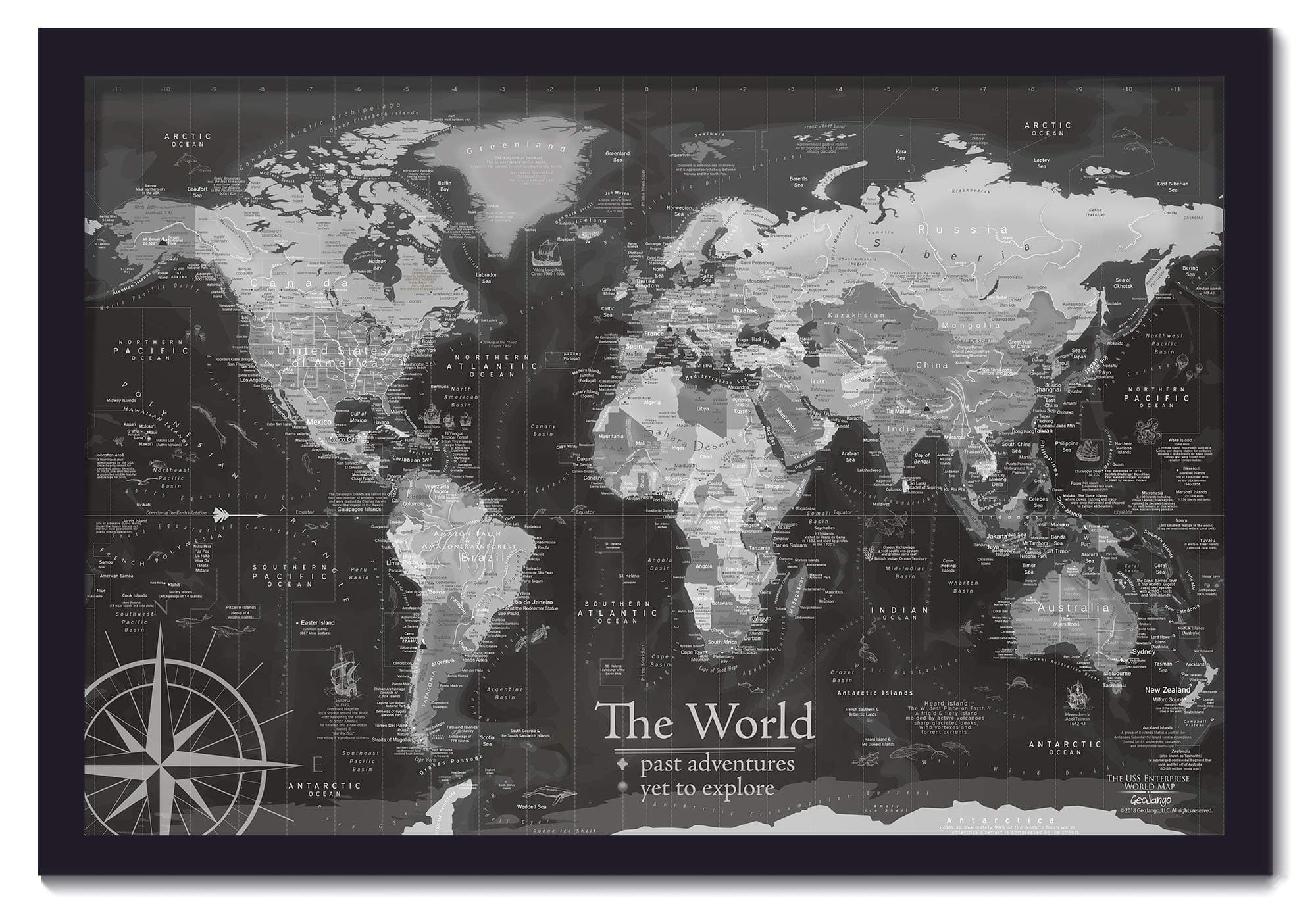 Canvas World Map - Use as a Wall Map or Push Pin Map - USS Enterprise World Map - Large Canvas Map with Exterior Frame - Created by a Professional Geographer - Includes 500 Pins