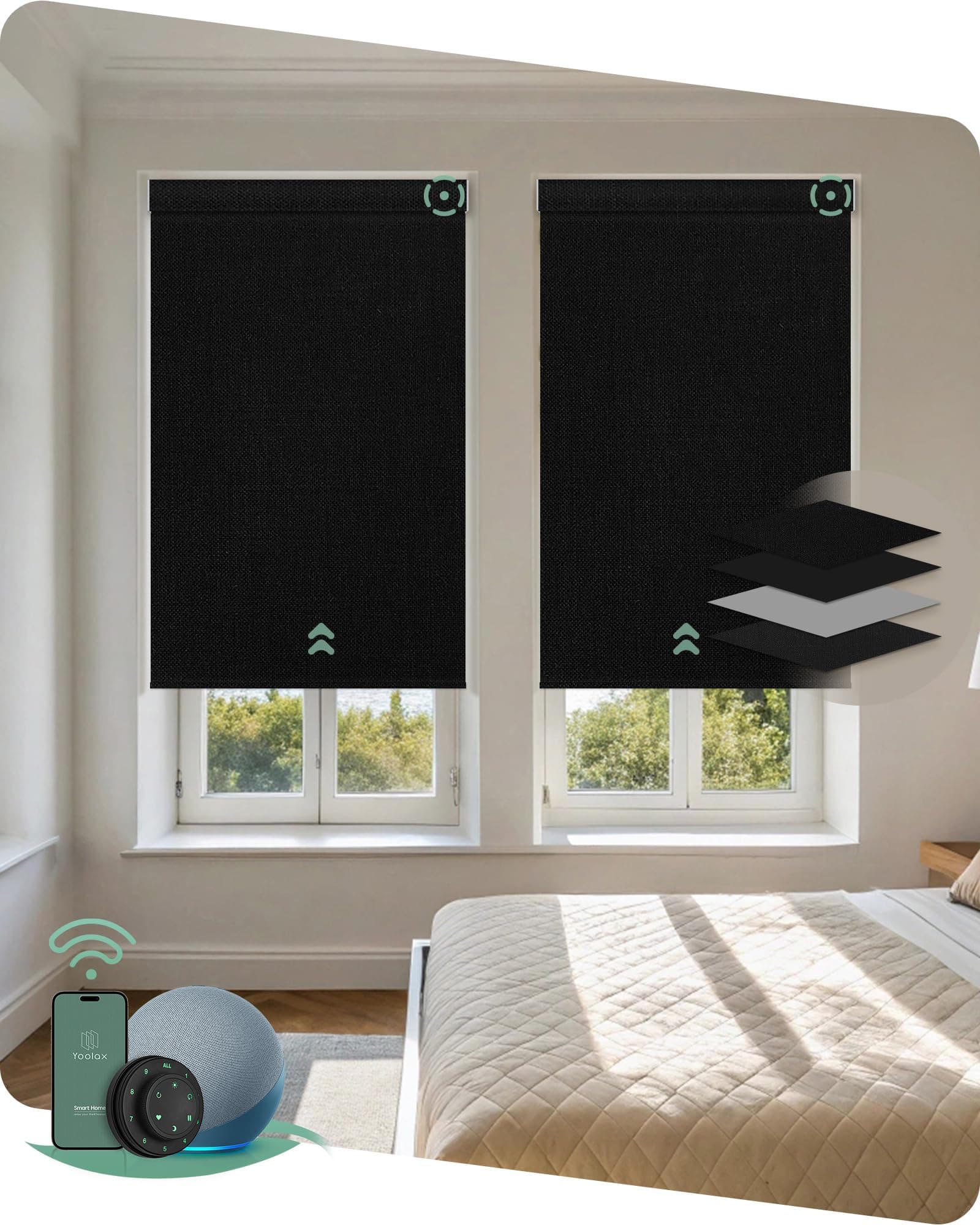 Yoolax Motorized Blinds with Remote, Blackout Smart Blinds Motorized Fabric Roller Shades Work with Alexa, Automatic Shades for Windows Custom Size (Black)