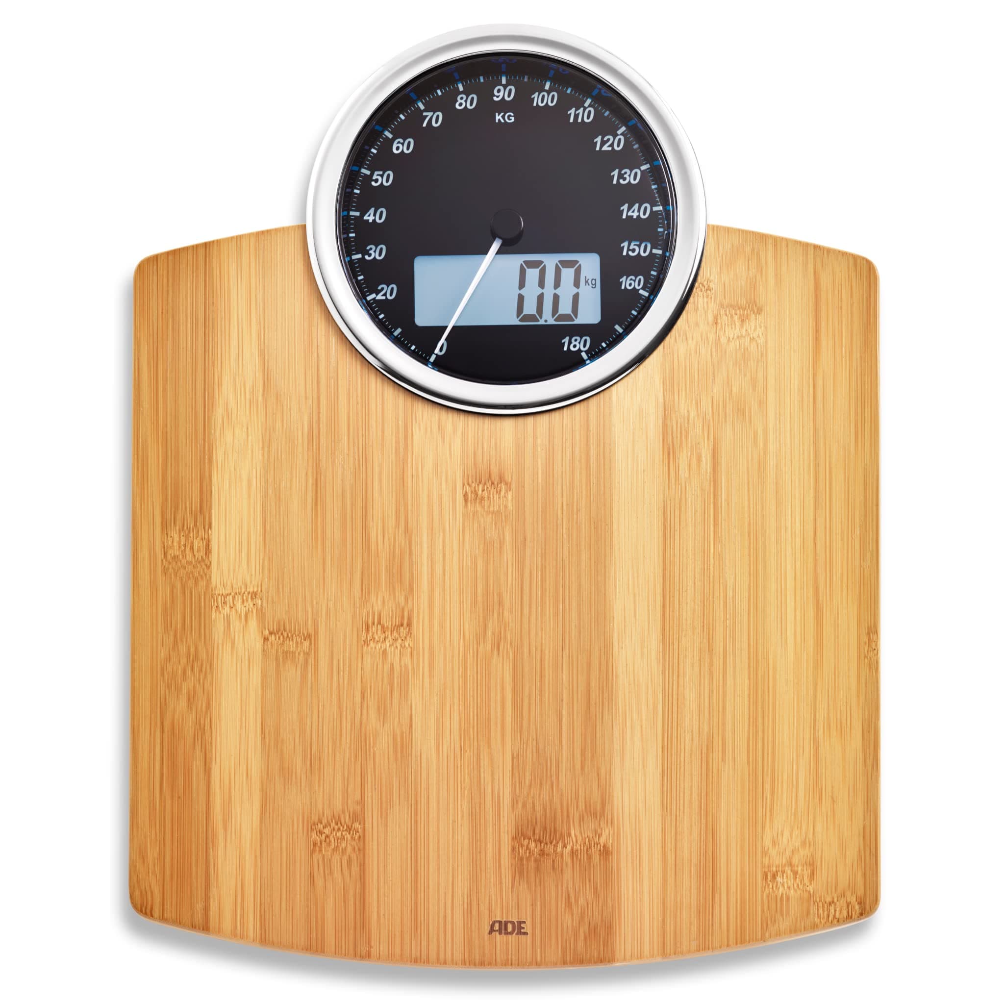 ADE BE1719 Luna Digital Bathroom Scale, Dual indicator : Mechanical and Digital. Precise up to 180kg. Surface made of tempered glass. Bamboo wood.