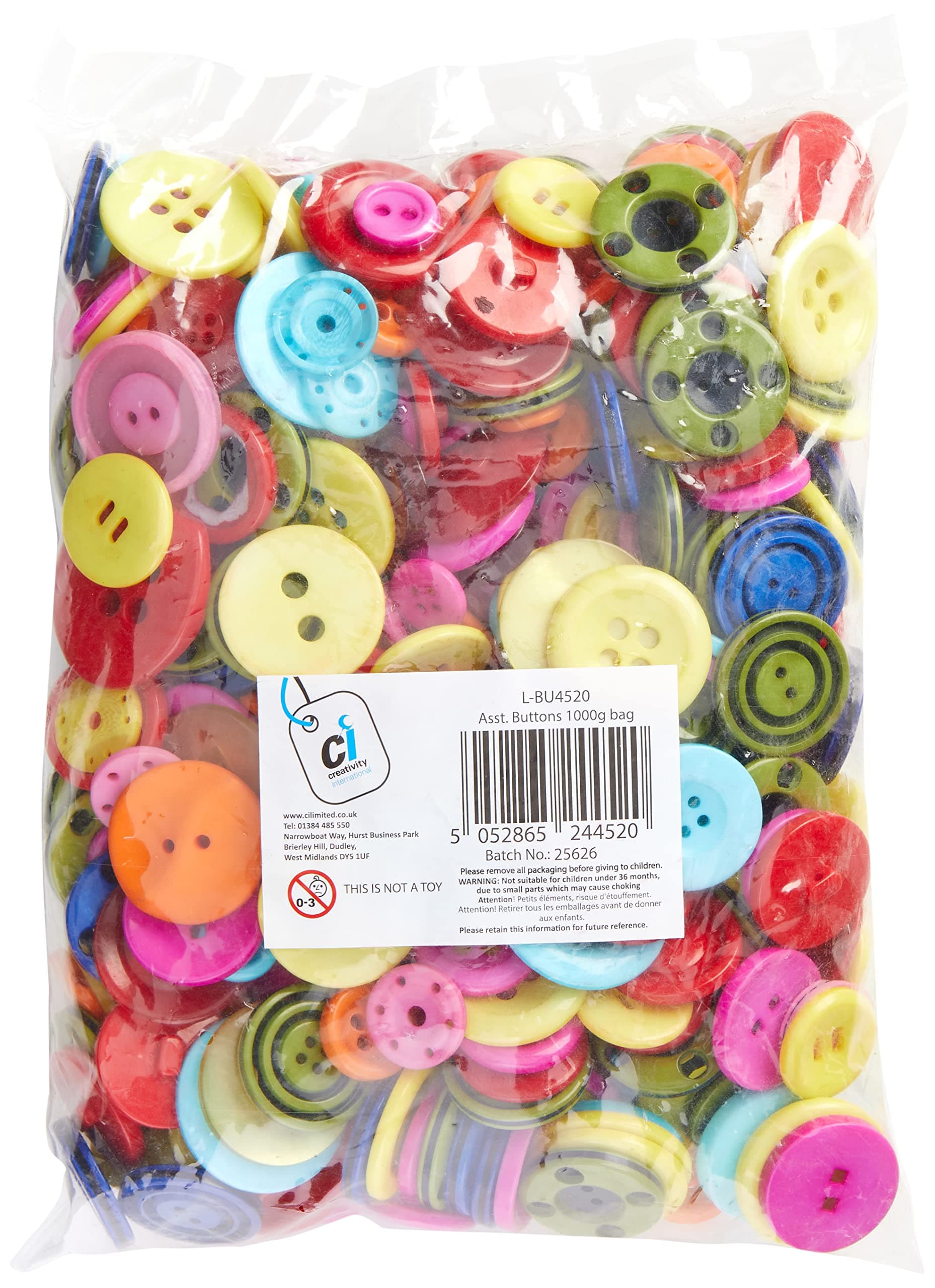 Creativity Inspired Buttons Mix Size Pack, 1kg Assorted Fantastic for All Craft Activities, Collage, Knitting, Crochet, Sock Puppets, Counting, Size Sorting, Multi-Colour Colour, 2mm-15mm