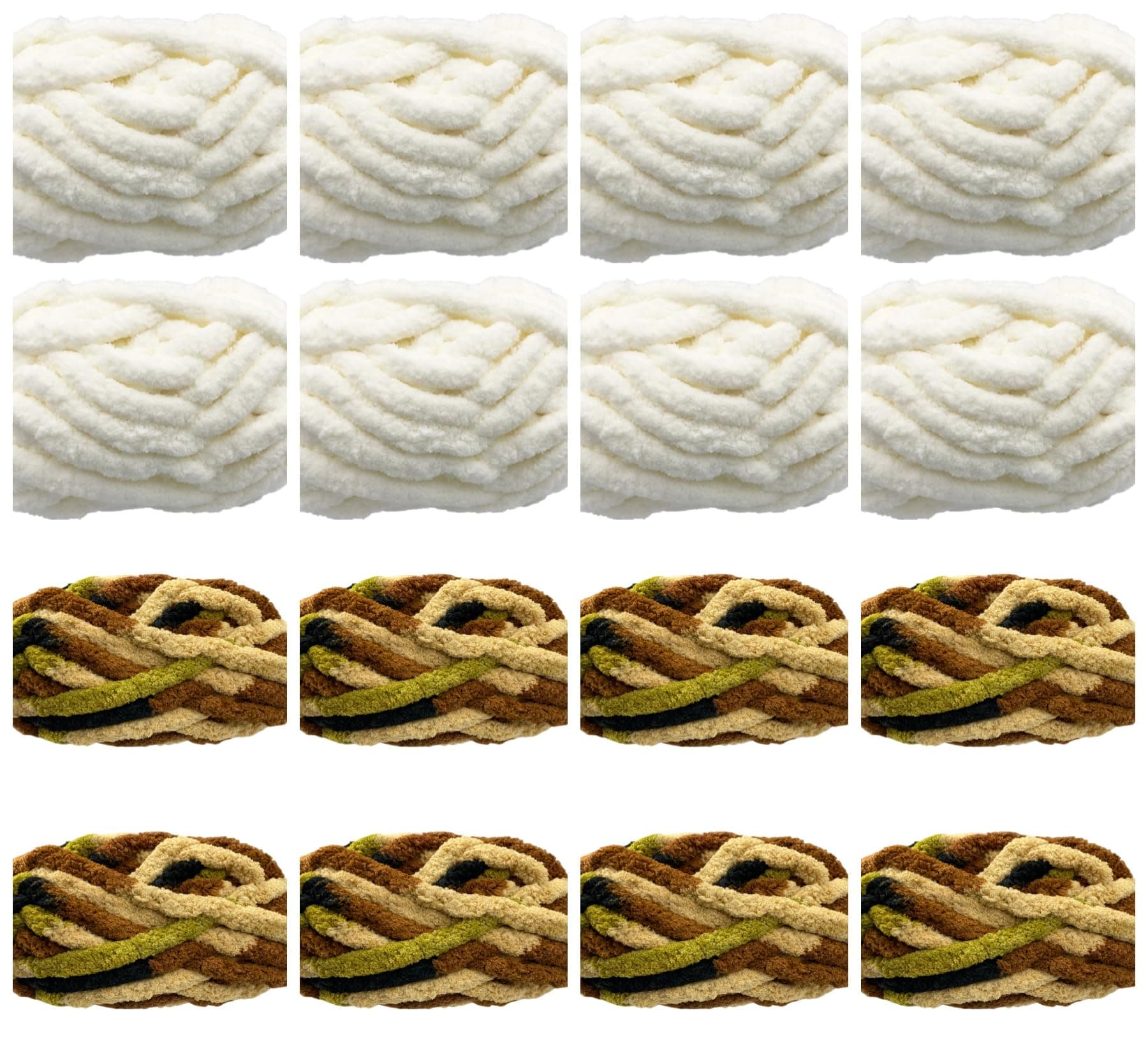 Chunky Chenille Yarn 16 Pack 128oz for Blanket, White 8 Pack + Multi Brown 8 Pack Super Bulky Soft Thick Fluffy Jumbo Giant Washable Polyester Big Yarn for Hand Knitting Extreme DIY