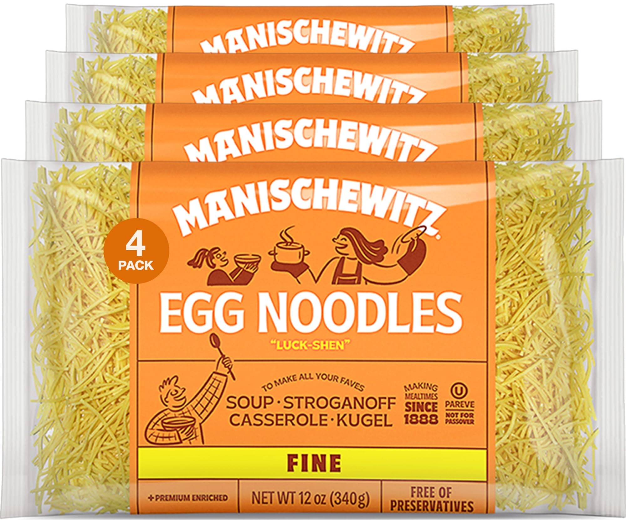Manischewitz Premium Enriched Fine Egg Noodles 12oz (4 Pack) Great in Soups & Stews