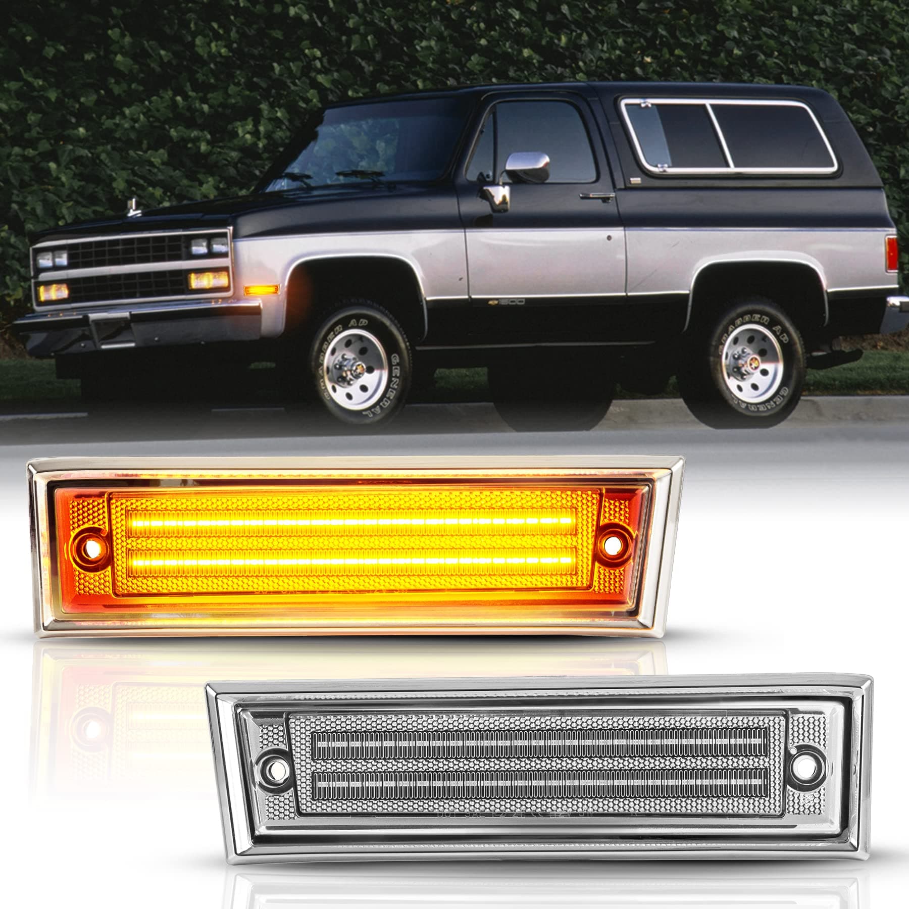 Front Fender Side Marker Lights, Led Amber Bumper Turn Side Signal Lamps for 1981-1991 Chevy Pickup Truck Blazer/Suburban/GMC GM2551107 GM2550115 915558 915557 18120166 18120066-Clear Lens