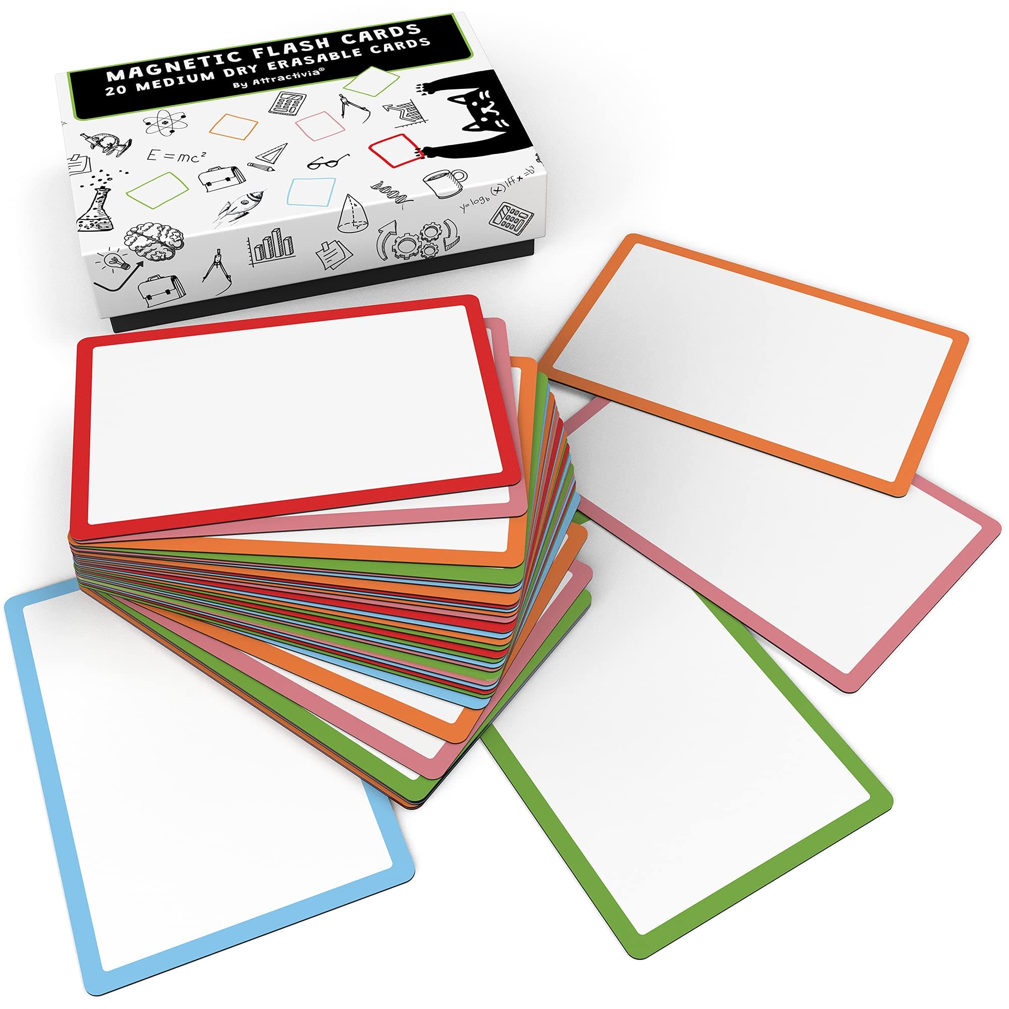 Attractivia 3.7 x 2.8 in Magnetic Medium Blank Cards with Color Borders, Dry Erase Whiteboard Magnets, 20-Pack, Multipurpose White Erasable Labels to Write On for Office, Education, Home