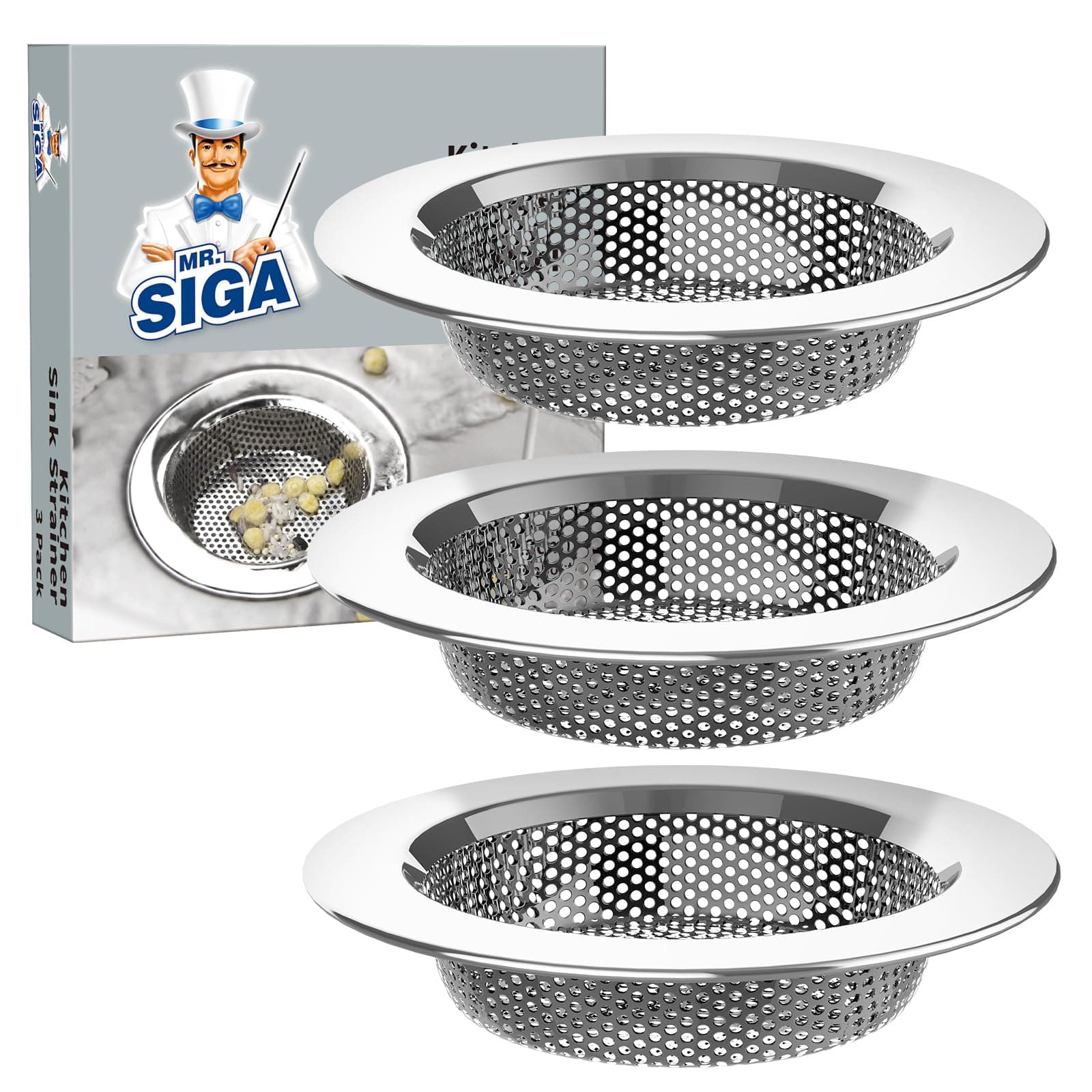MR.SIGA Kitchen Sink Strainer, Stainless Steel Sink Drain Strainer, Dishwasher Safe（External Diameter 11.2cm, Inner Diameter 7.6cm，Pack of 3）