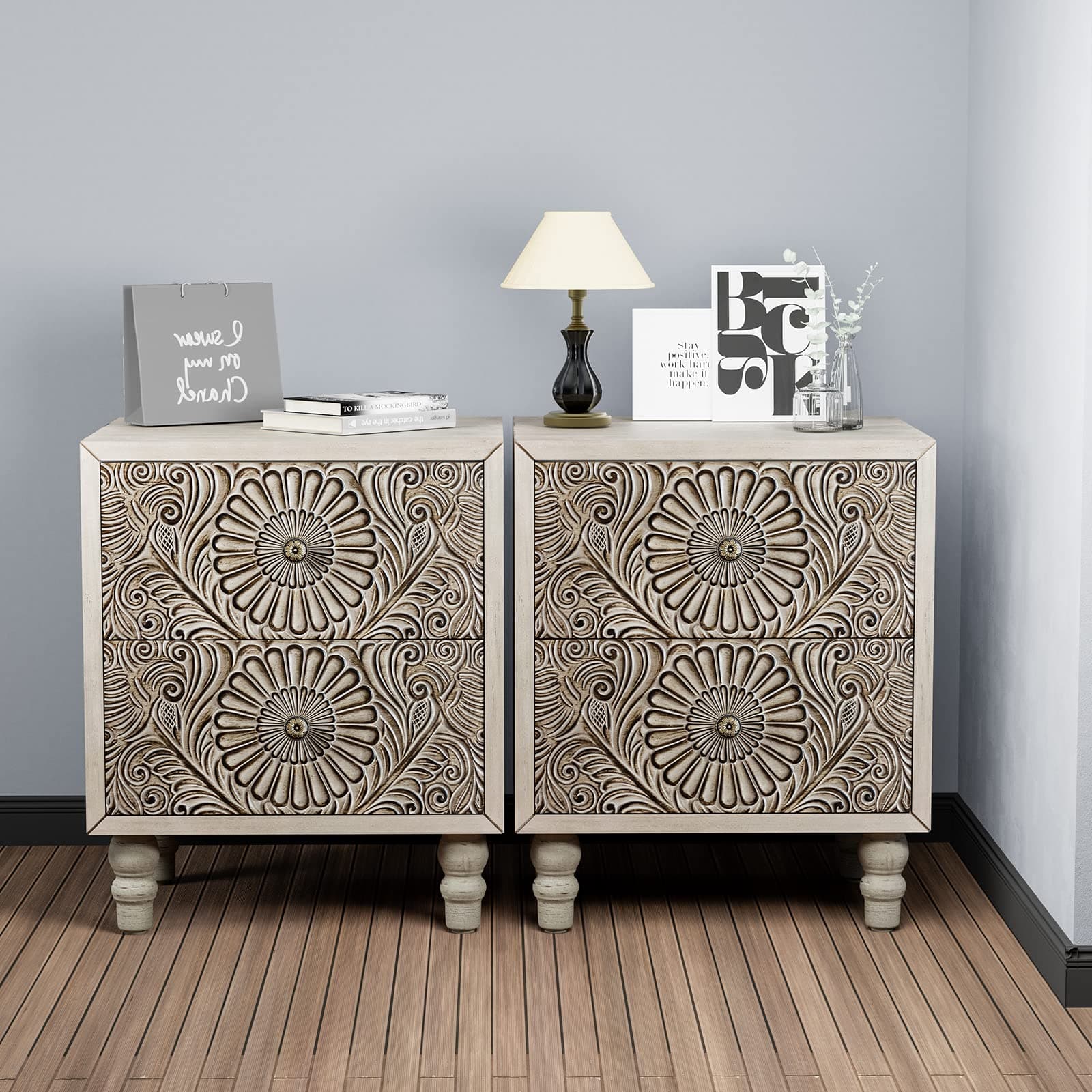 HOMPUS End Table with 2 Drawers Sets of 2, 2 Tier Bedside Table Sets, Wood Grain Nightstand, Small Side Accent Table with Pattern Drawer for Living Room, Bedroom, Farmhouse, Light Grey