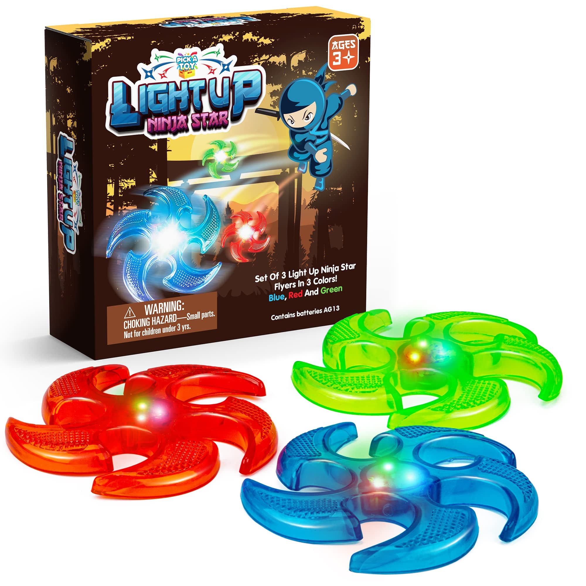 Light Up Ninja Flyers Set, 3 LED Electronic Stars, Heavy Duty Rubber Throwing Discs, Fun and Interactive Kids for Tossing, Games, and Play, 3 Colors, Includes Gift Box
