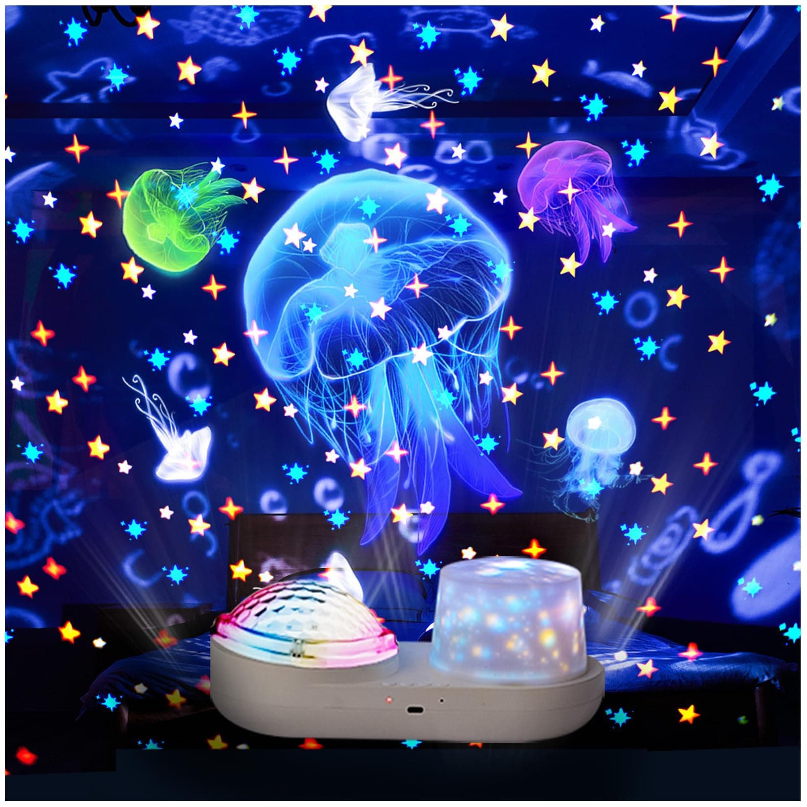 Galaxy Projector Star Projector Night Light - Double Star Light Projector for Bedroom with USB Cable, 360 Degree Rotation Star Night Light Projector for Kids Room Decor - 6 Sets of Film