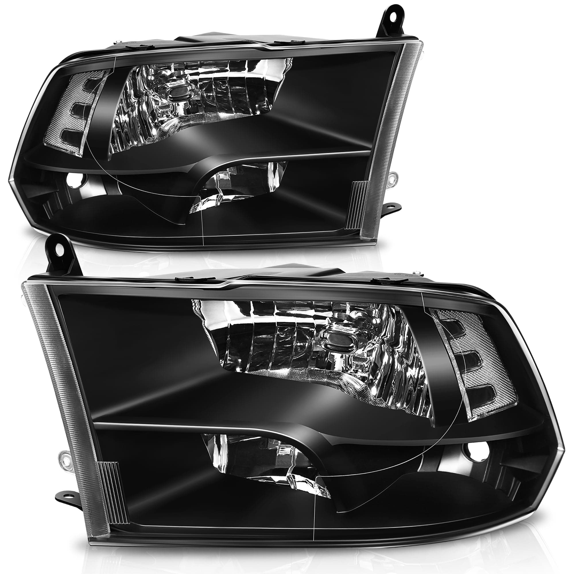 Auto Dynasty Quad Headlights Assembly Compatible with 2009-2010 Dodge Ram 1500-3500 New Body, 2011-2018 Ram 1500-5500, Halogen Headlamps Replacement, Left and Right Side, Black Housing Clear Corner