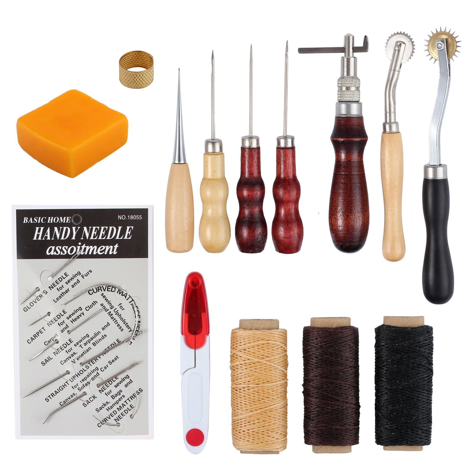 AMTOVL Leather Craft Tool Set, 14PCS Working Tools Kit, Hand Stitching Sewing Thread Awl Thimble for Projects
