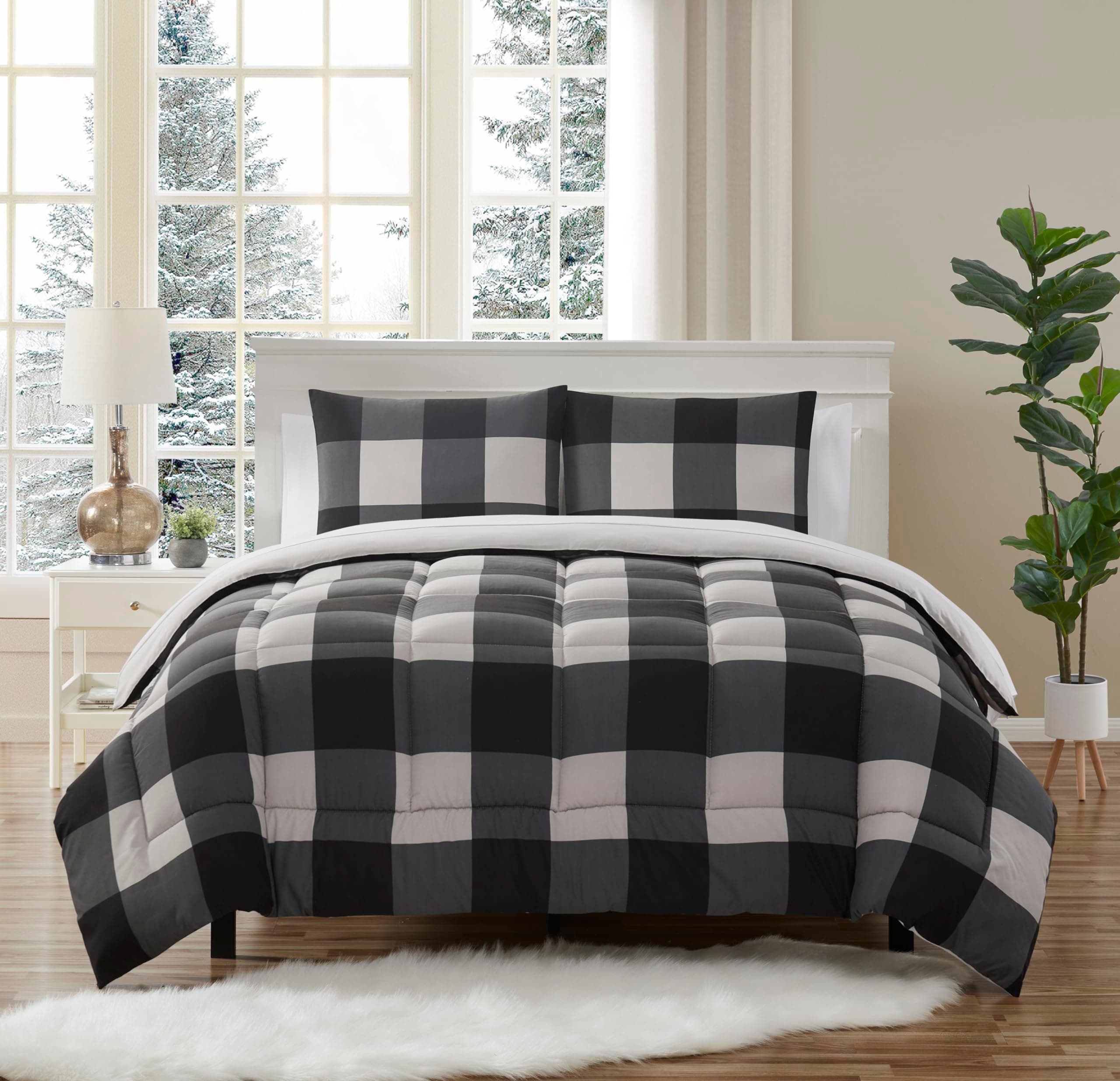Sweet Home Collection Ultra Soft Down Alternative Set & Luxurious Bed Sheets, Polyester, Buffalo Plaid Black/Gray, Queen