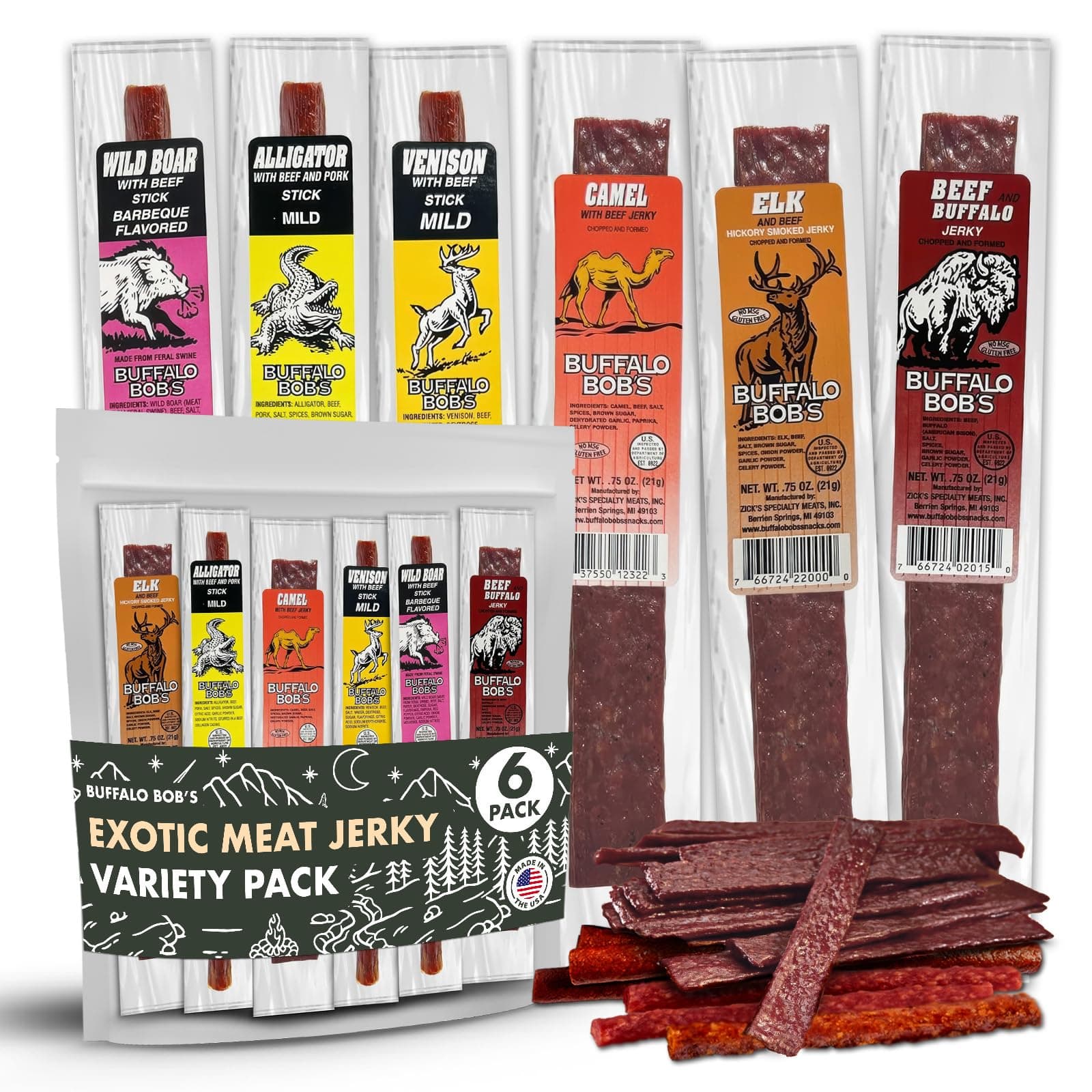 Buffalo Bob's Wild Game Meat Snacks (6 Pack) | Exotic Jerky Sampler | Beef Jerky Gift Set, Snack Baskets for Men, Meat Gifts for Dad | Wild Boar, Alligator, Elk, Buffalo, Venison, Camel | Exotic Pack