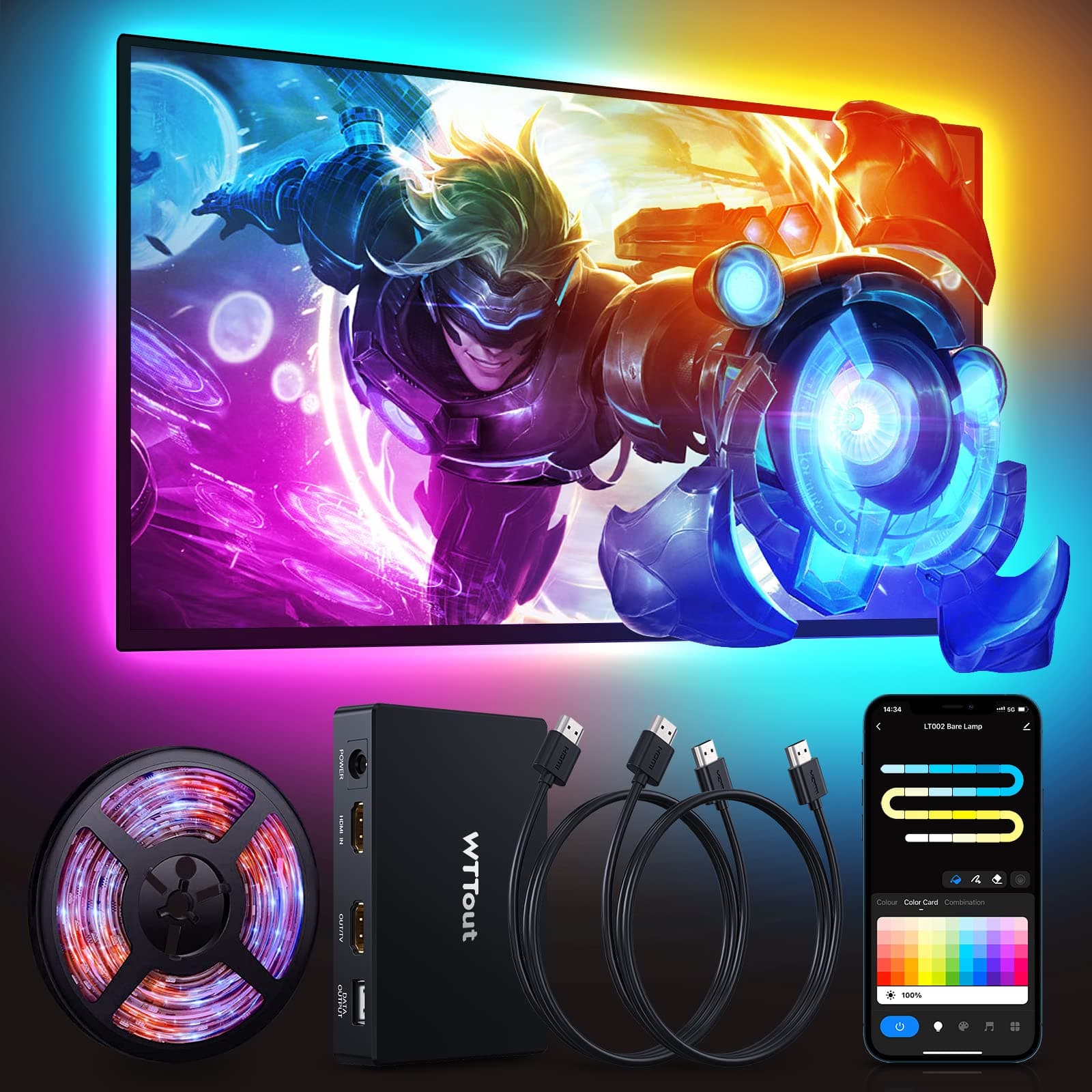 WTTout TV LED Backlight with HDMI Sync Box for 55-65 inch TVs, 12fts LED Lights Strip for Games and Movies, Work with TV box, Xbox, PlayStation, Switch, Chromecast, External APP Control