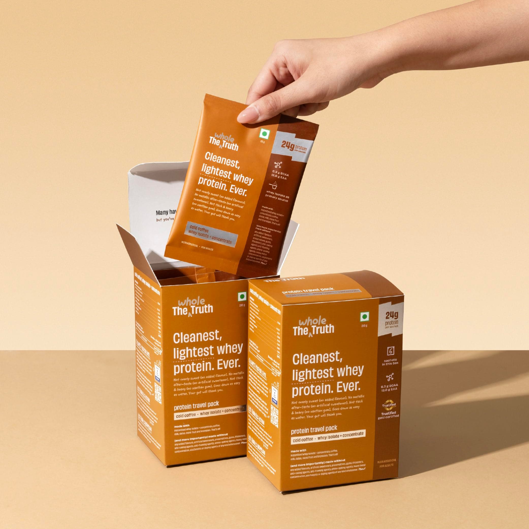 Whey Protein Isolate+Concentrate | Cold Coffee 210g (Pack of 6) | 24g Protein/Sachet 6.4g BCAA | 100% Authentic & No Adulteration | Clean, Light & Easy to Digest | Sample & Travel Pac