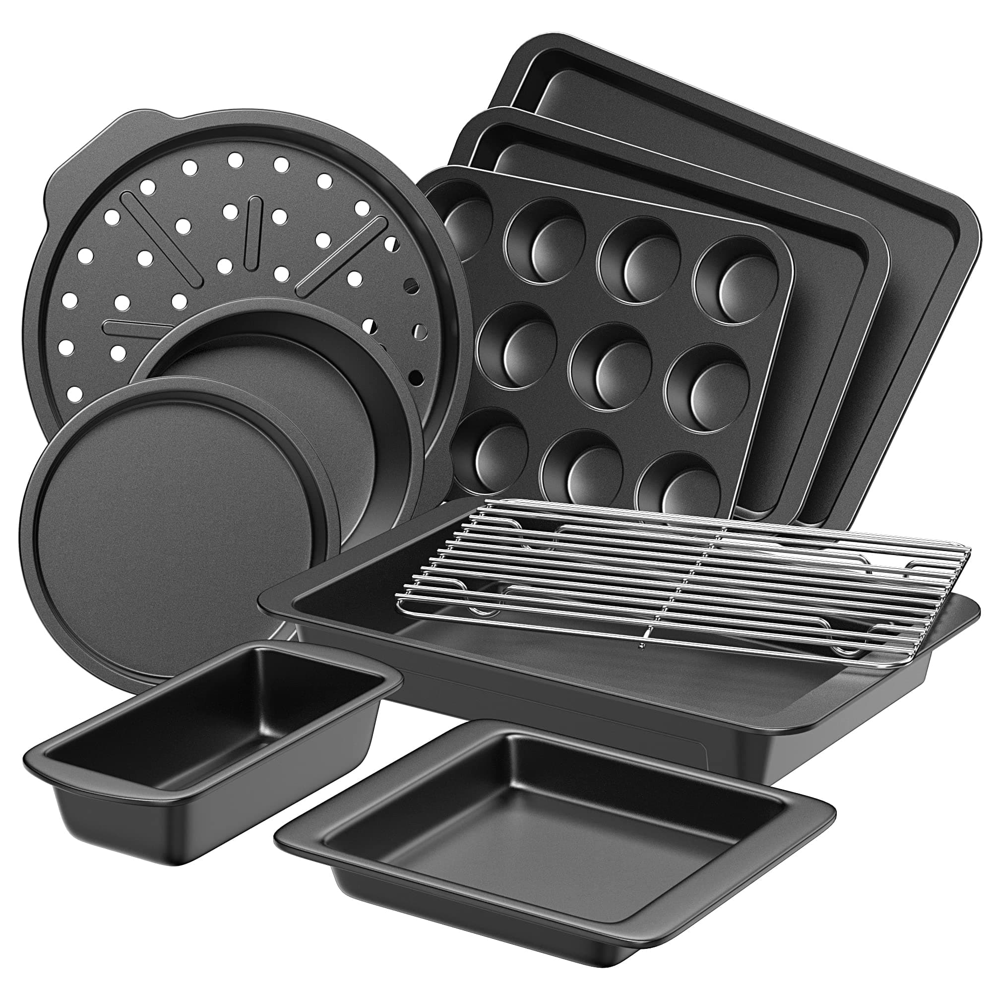 Bakeware Sets, Baking Pans Set, Nonstick Oven Pan For Kitchen With Wider Grips, 10 Pieces Including Rack, Cookie Sheet, Cake Pans, Loaf Pan, Muffin Pizza - Grey