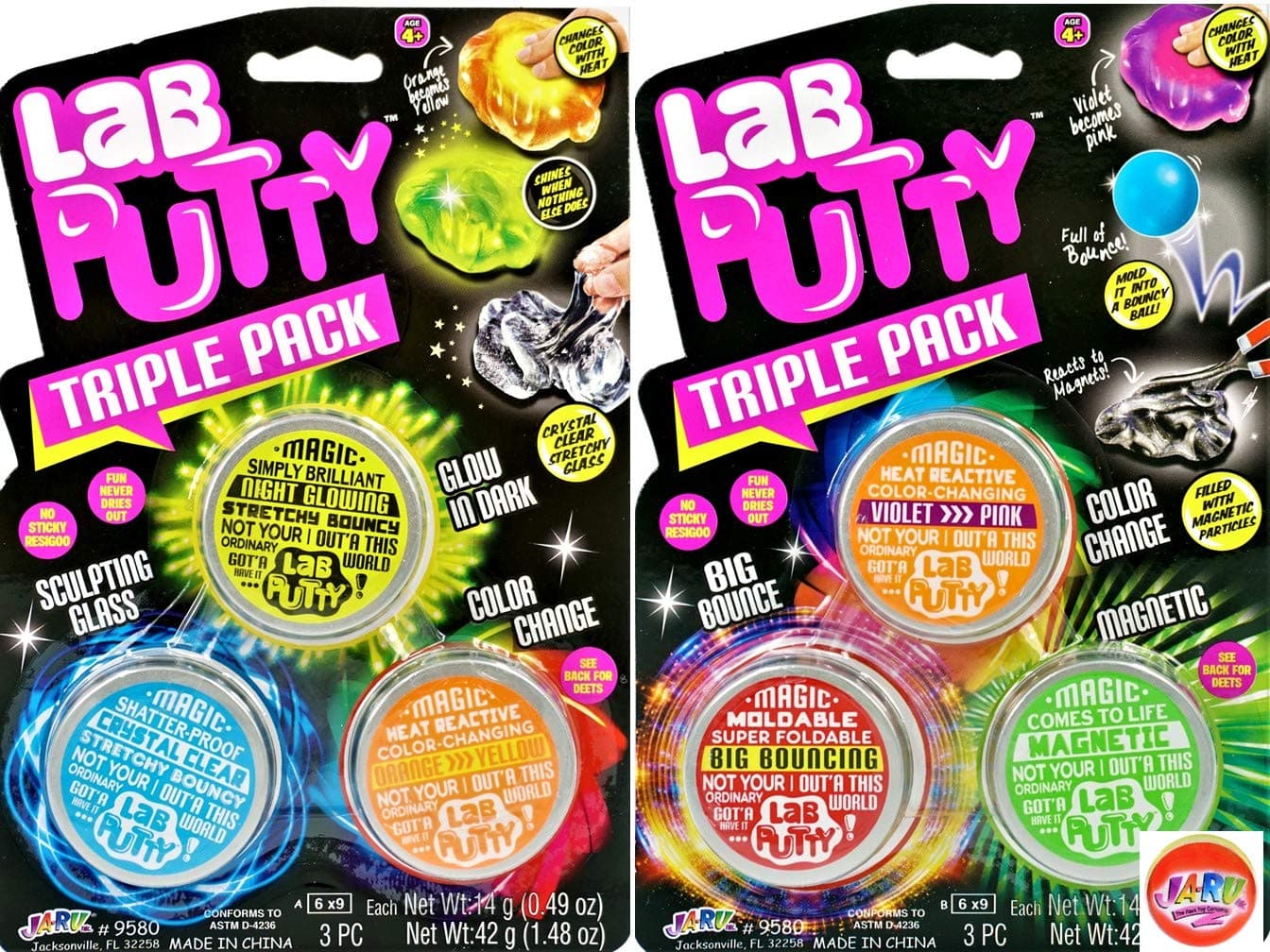 JA-RU Lab Putty Bundle Set: Glow in The Dark Slime, Clear, Bouncing, Magnetic, Color Changing Putty for Kids (2 Pack, 6 Units) Slime Party Favors 9580-2p