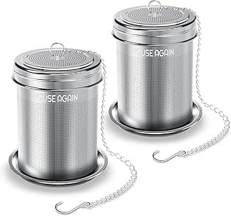 House Again 2 Pack Tea Infuser by, Extra Fine Mesh Tea Ball Threaded Connection 18/8 Stainless Steel with Extended Chain Hook for Hanging on Teapots Mugs Cups to Brew Loose Leaf Tea