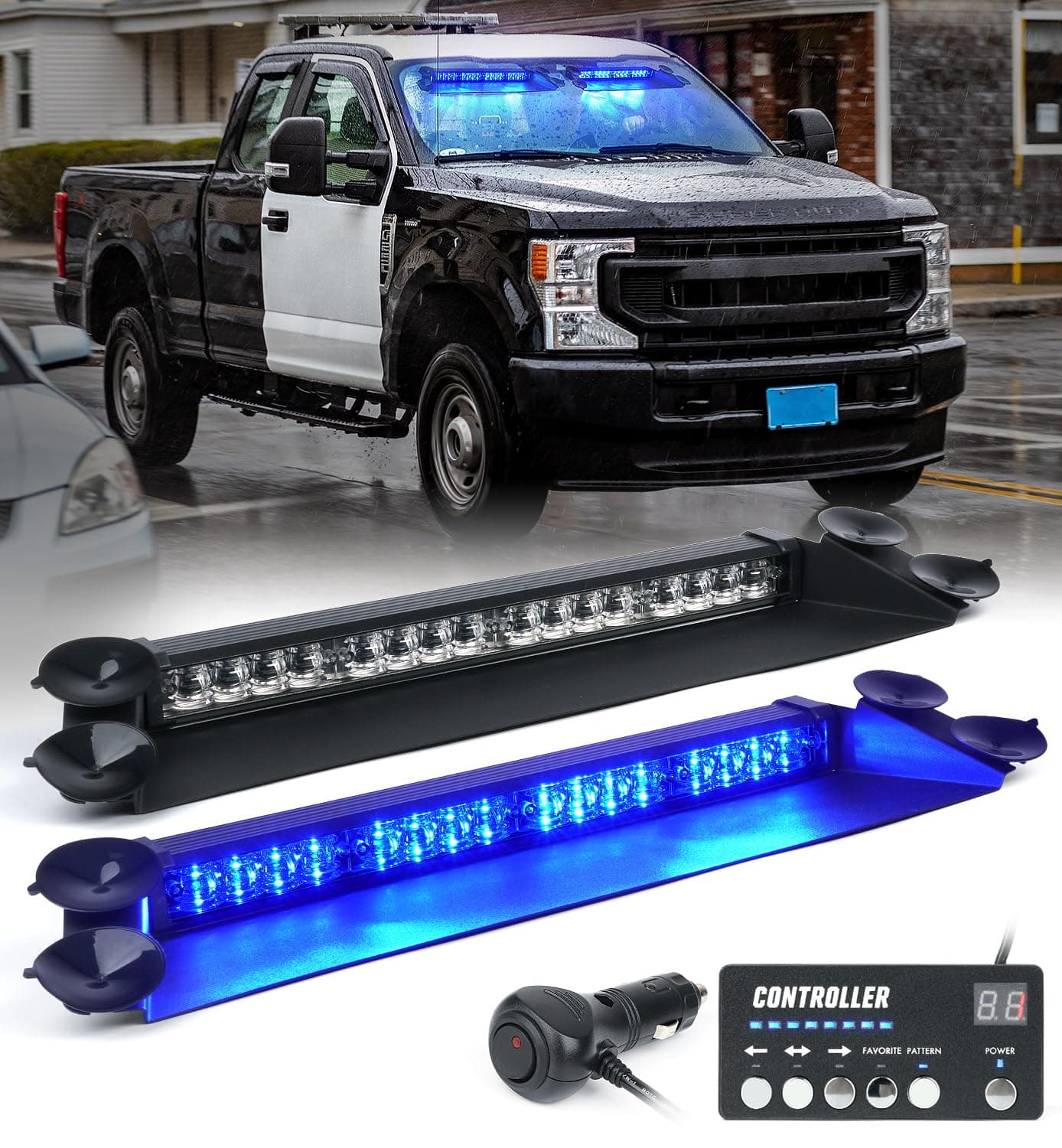 LUMENIX LED Emergency Dash Strobe Lights Bar w/Controller Windshield Visor Safety Warning Traffic Caution Split Lightbar Deck Flashing Light for Volunteer Firefighter Police Vehicles Trucks - Blue