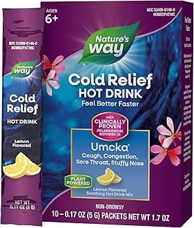 Cold Relief Hot Drink, Umcka, Homeopathic, Clinically Proven Pelargonium Sidoides 1X, for Cough, Congestion, Sore Throat, Stuffy Nose, Lemon Flavored, 10 Packets