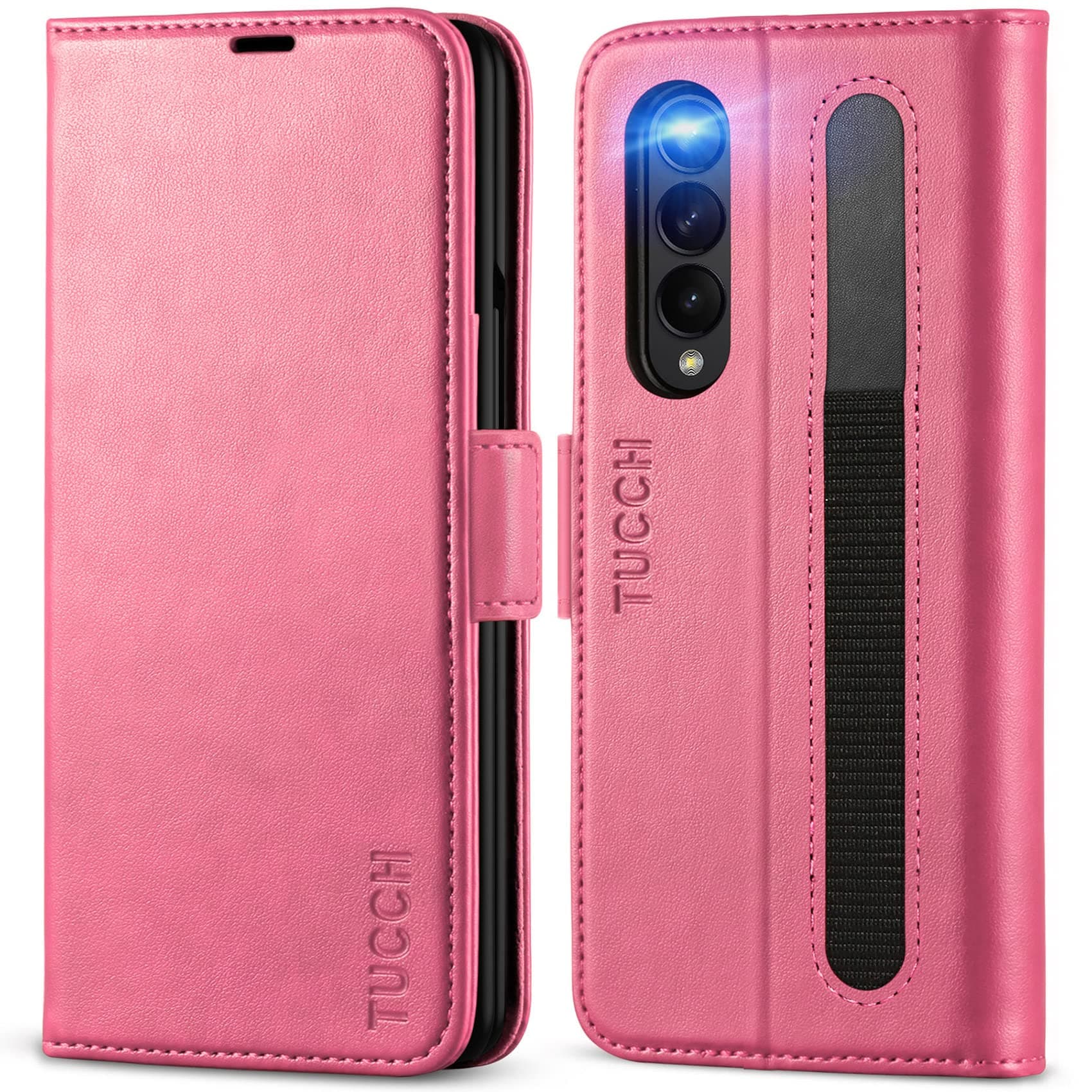 TUCCH Case for Galaxy Z Fold 3 (7.6") 5G, PU Leather Case with S Pen Slot[RFID Blocking][Viewing Stand][Card Holders], Magnetic Wallet PC Folio Cover Compatible with Galaxy Z Fold3 2021, Hot Pink