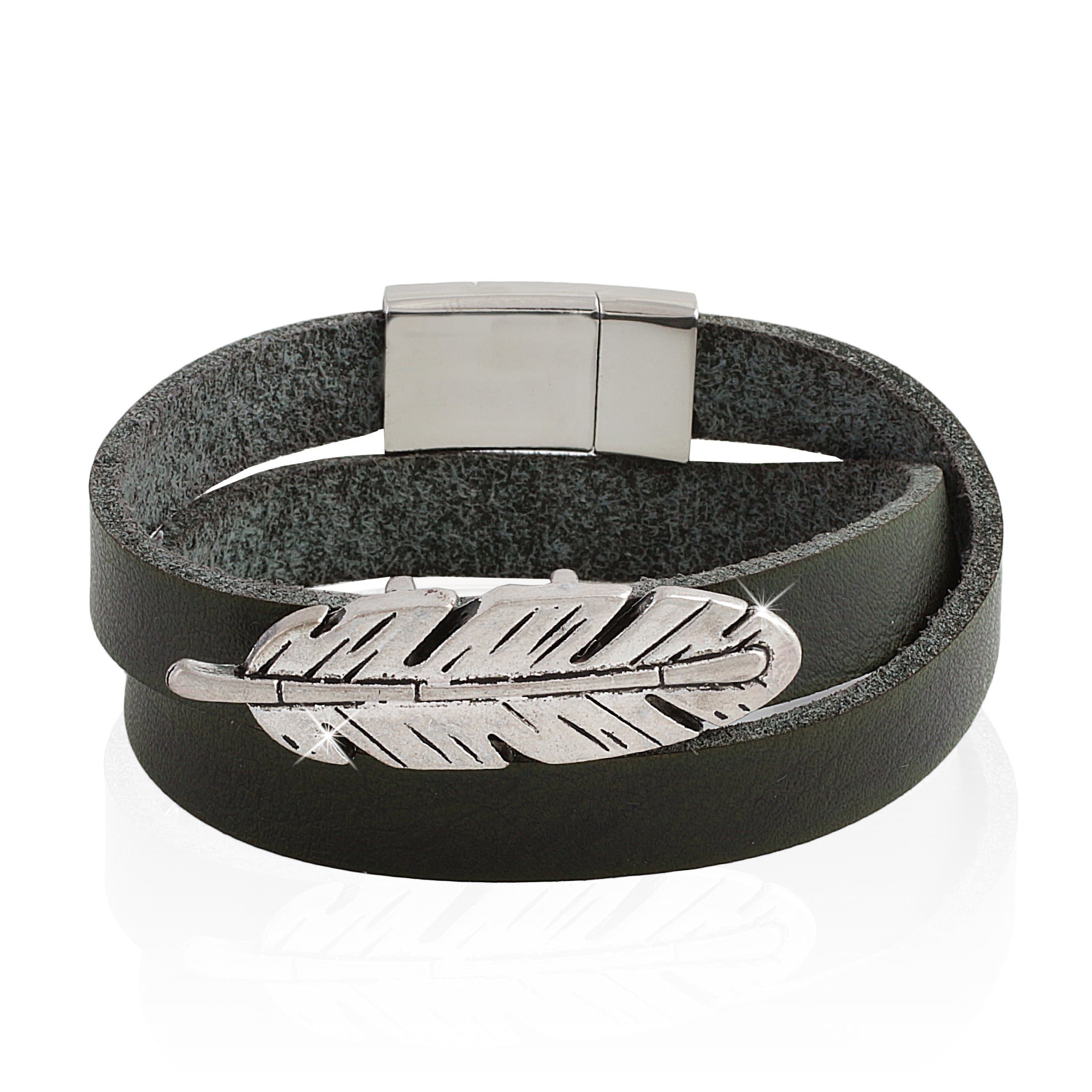 PU Leather Wrap Bracelet with Feather Charm.