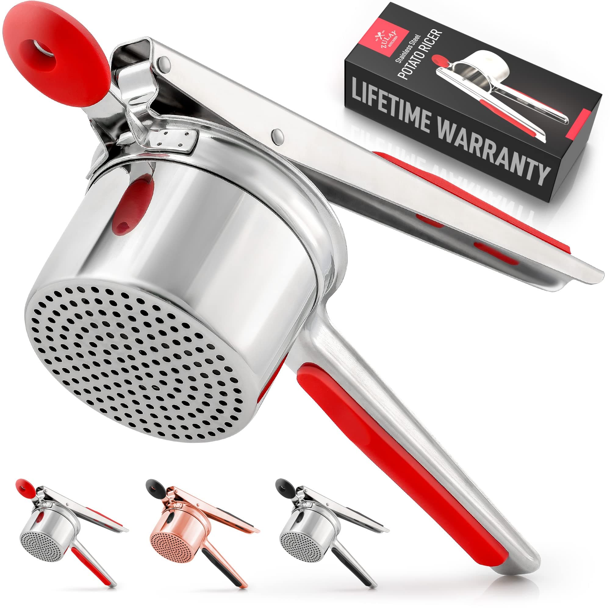 Zulay Kitchen Efficient Large 15oz Potato Ricer - Ricer for Mashed Potatoes, Heavy Duty Potato Ricer Stainless Steel, Ricer Tool for Perfect Mashed Potatoes - Just Right Every Time (Silver/Red)