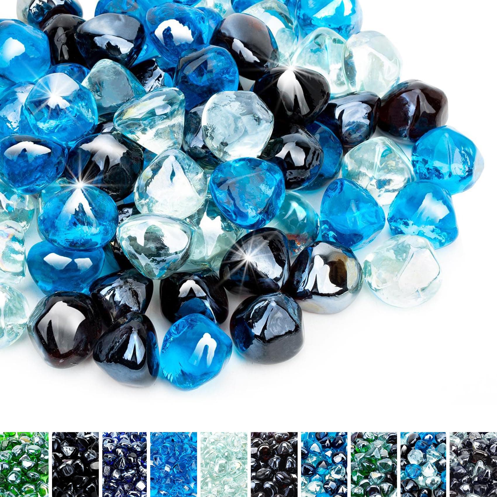 Skyflame 10-Pound Blended Fire Glass Diamonds for Fire Pit Fireplace Landscaping, 1/2 Inch Caribbean Blue, Crystal Ice, Amber Luster