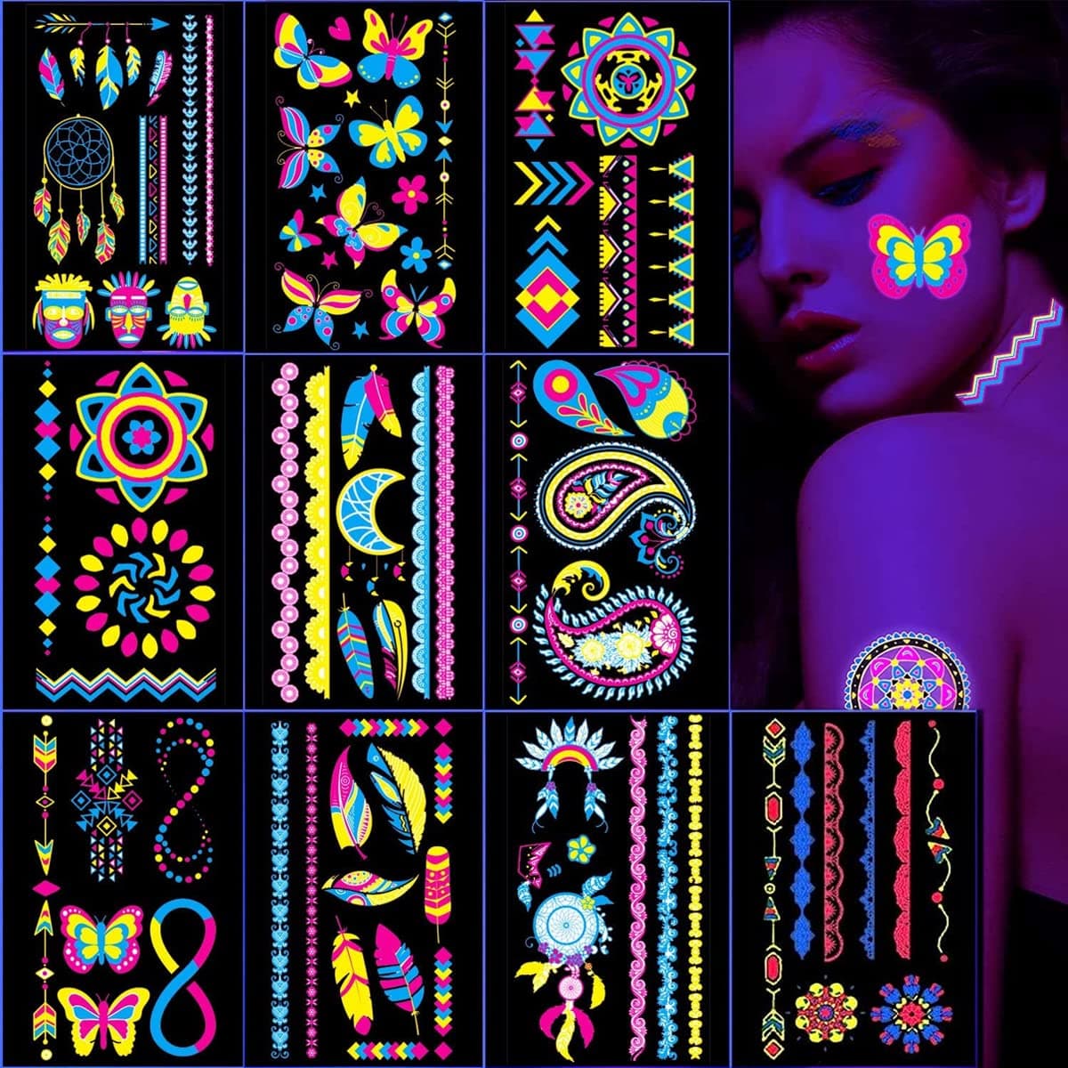 10 Sheets Temporary Tattoo Stickers Night Glow in the Dark Sticker, 80+ Styles Waterproof UV Neon Stickers, Body Face Fake Tattoos for Women Men Kids Rave Festival Party