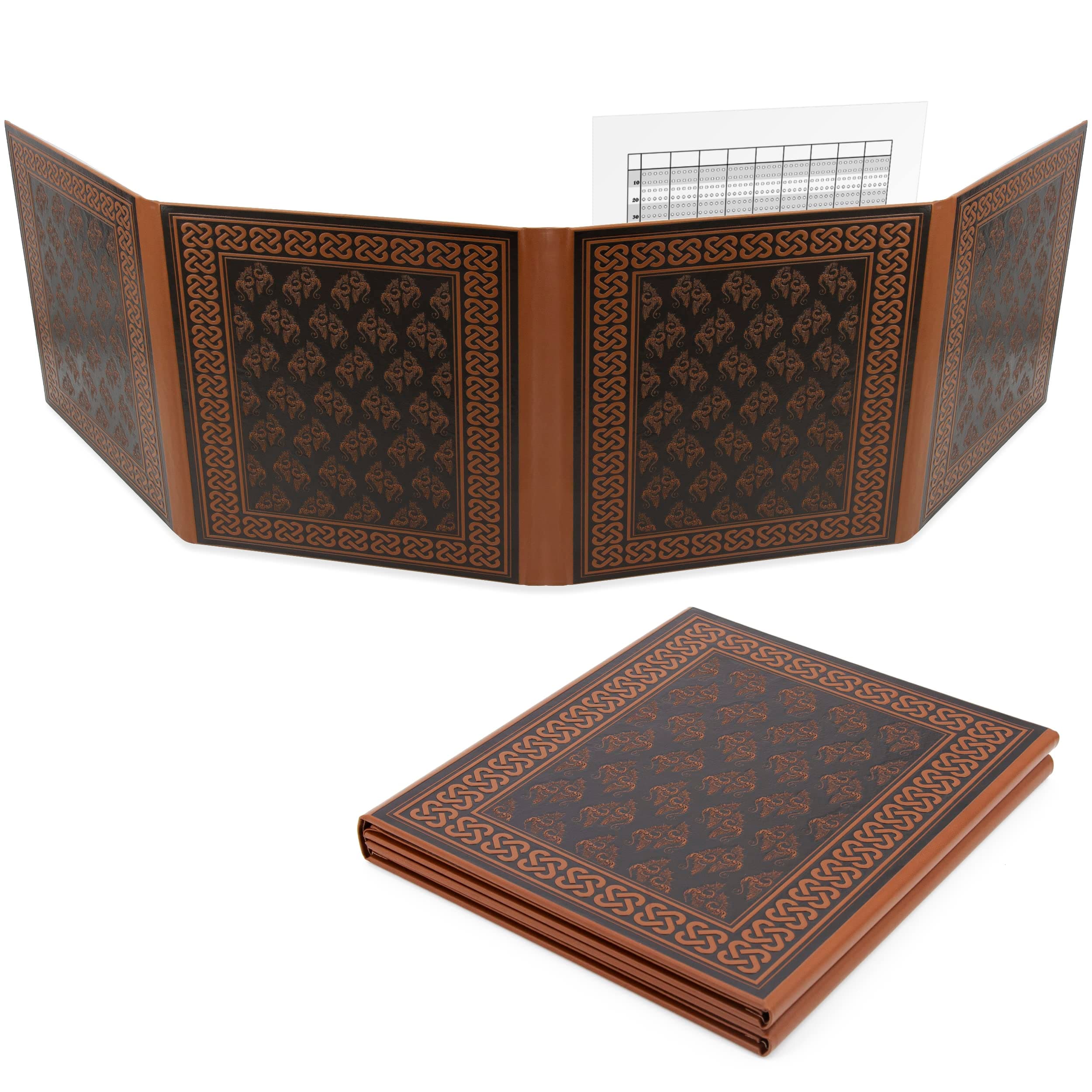 DM Screen Faux Leather Embossed GM Screen - Four Panel Folding Dungeon Master Screen with Wet Erase Transparent Pockets and Compatible with Tabletop Roleplaying Games, Inserts Not Included