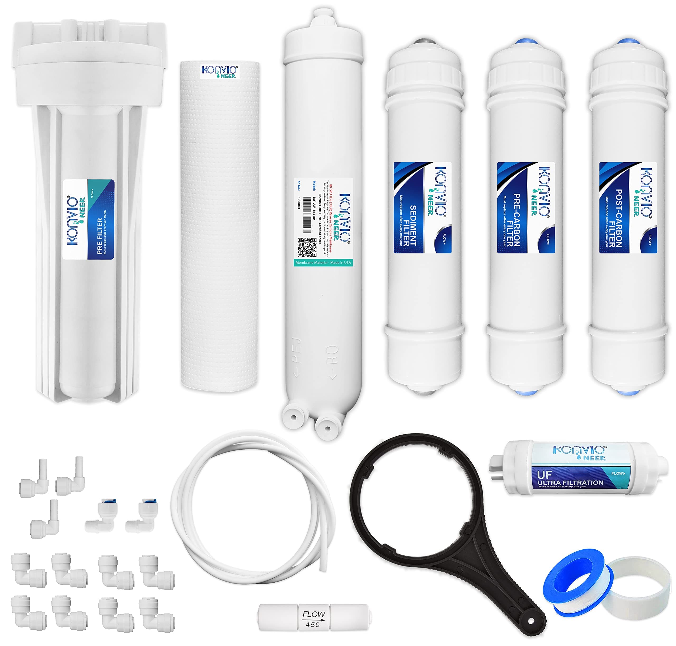 Konvio Neer RO Service Kit includes 80GPD Concealed/Welded Membrane, Pre and Post Carbon and Sediment Inline Filter, PF Kit for RO Water Purifier