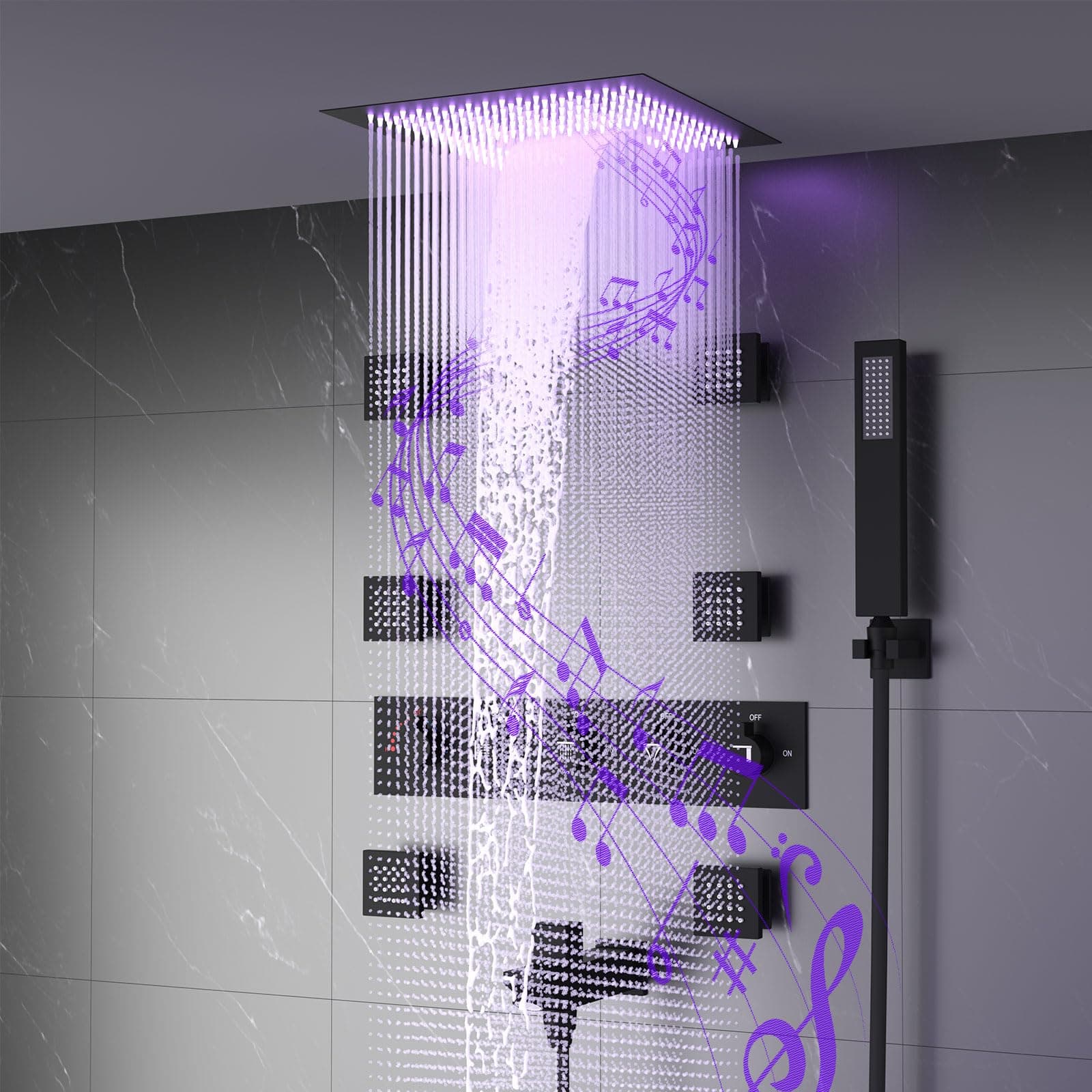 Thermostatic Shower System,Waterfall Rainfall Smart Shower System with Handheld and Body Jets, Luxury Full Body Shower System Ceiling Mount with LED Light & Music (16 INCH, BLACK)