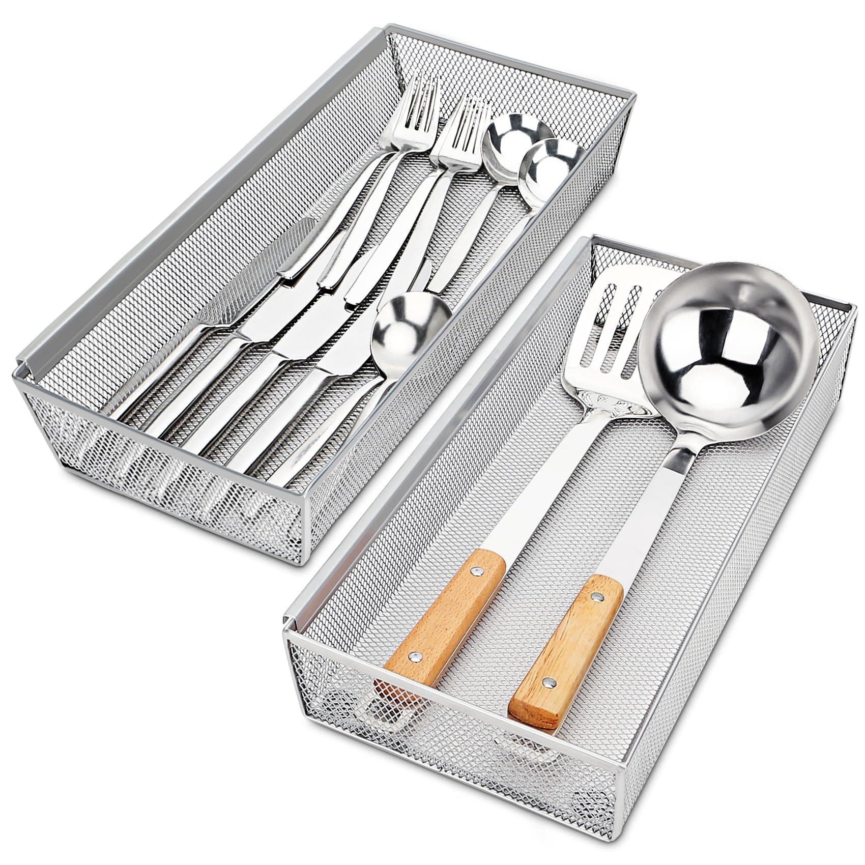 Flatware Organizer with Interlocking Arm (Grey) - 2 Pack 14.7" X 6.1" X 2" Utensil Drawer Organizer