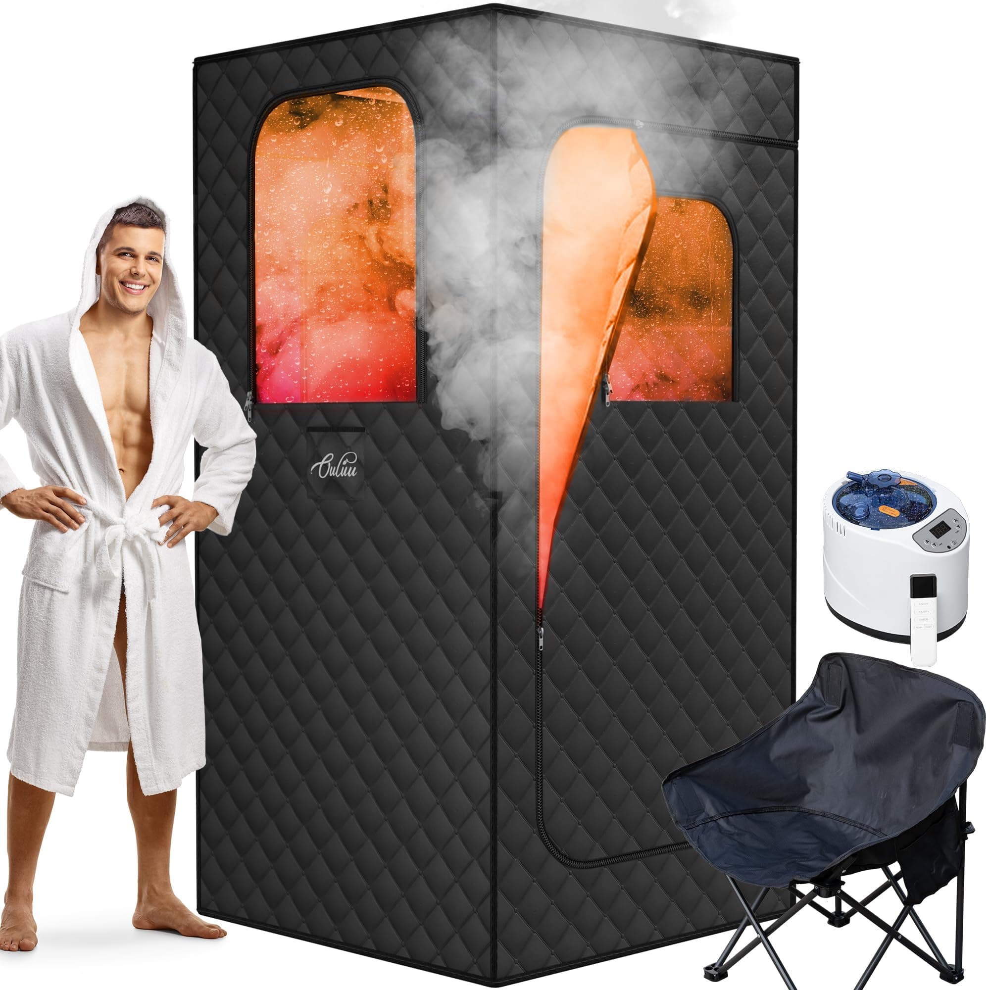 ouluu Large Protable Sauna Box, 3L Steamer Protable Steam Sauna for Home, Personal Sauna with Big Sauna Chair, Remote Control, Foot Massager, 3.2’ x 3.2’ x 6.0’, Black