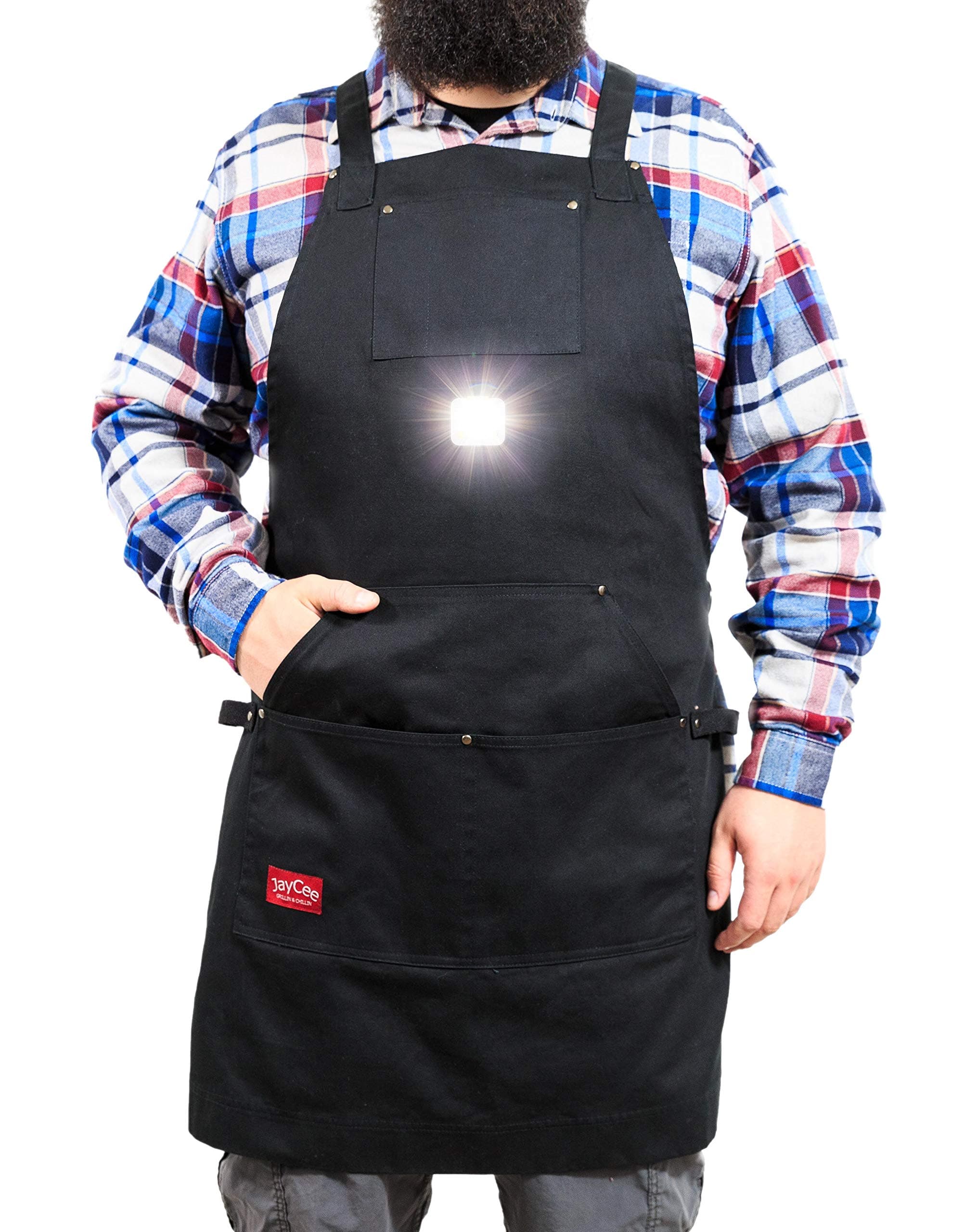 JayCee Apron for BBQ, Grill, Chef, Hobby and Workshop, 5 Pockets, Cross-Back, 2 Tool/Towel Loops, 10 oz Cotton, Great Gift