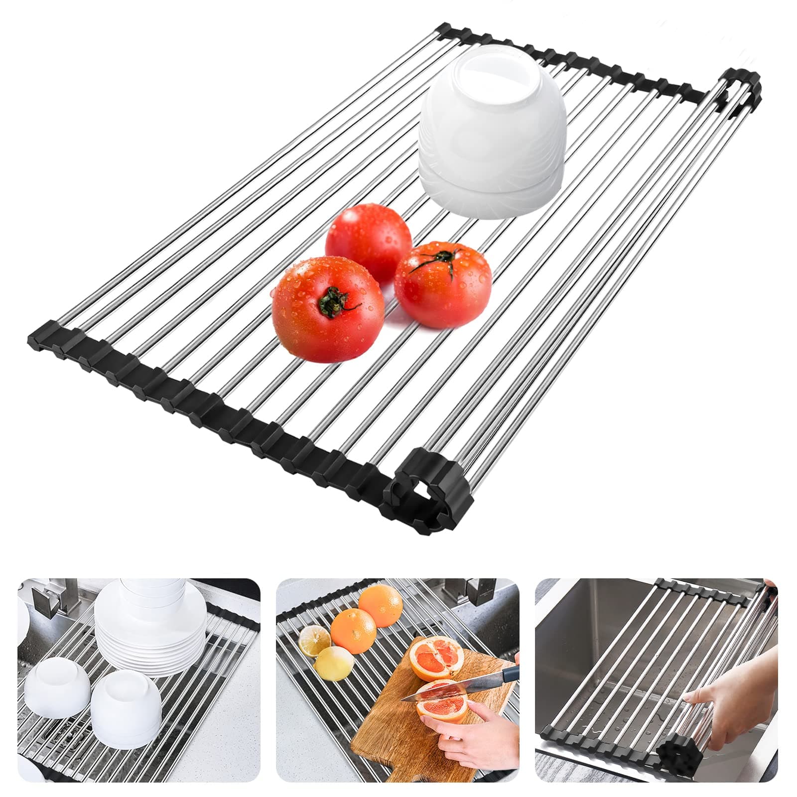 Roll Up Dish Drying Rack, Over The Sink Silicone Foldable Roll up Drying Rack, Heat Resistant Large Stainless Steel Kitchen Counter(Black, 18.5" x 13.39")