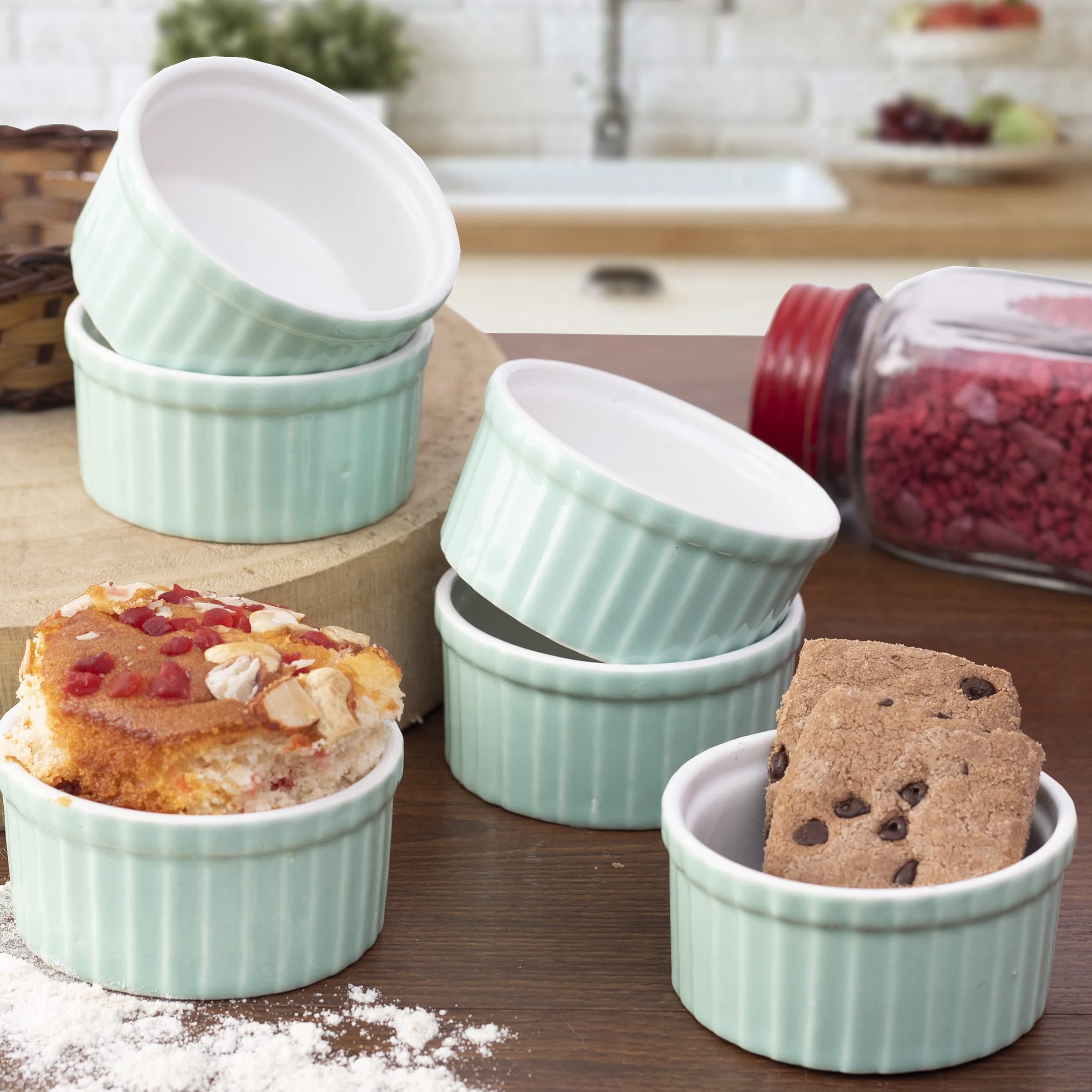 Lupaava Ceramic Ramekin Bowl/Soufflé Dish for Baking and Serving Puddings, custards or Other Desserts - Set of 6 (Light Green)