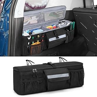 GRAOSO Car Trunk Organizer Compatible with Toyota FJ Cruiser 2007-2021, Rear Storage Bag with 3 Pieces of 1.5” Wide Hook&Loop Tapes, 2 Adjustable Hanging Loops, Multiple Pockets, Black