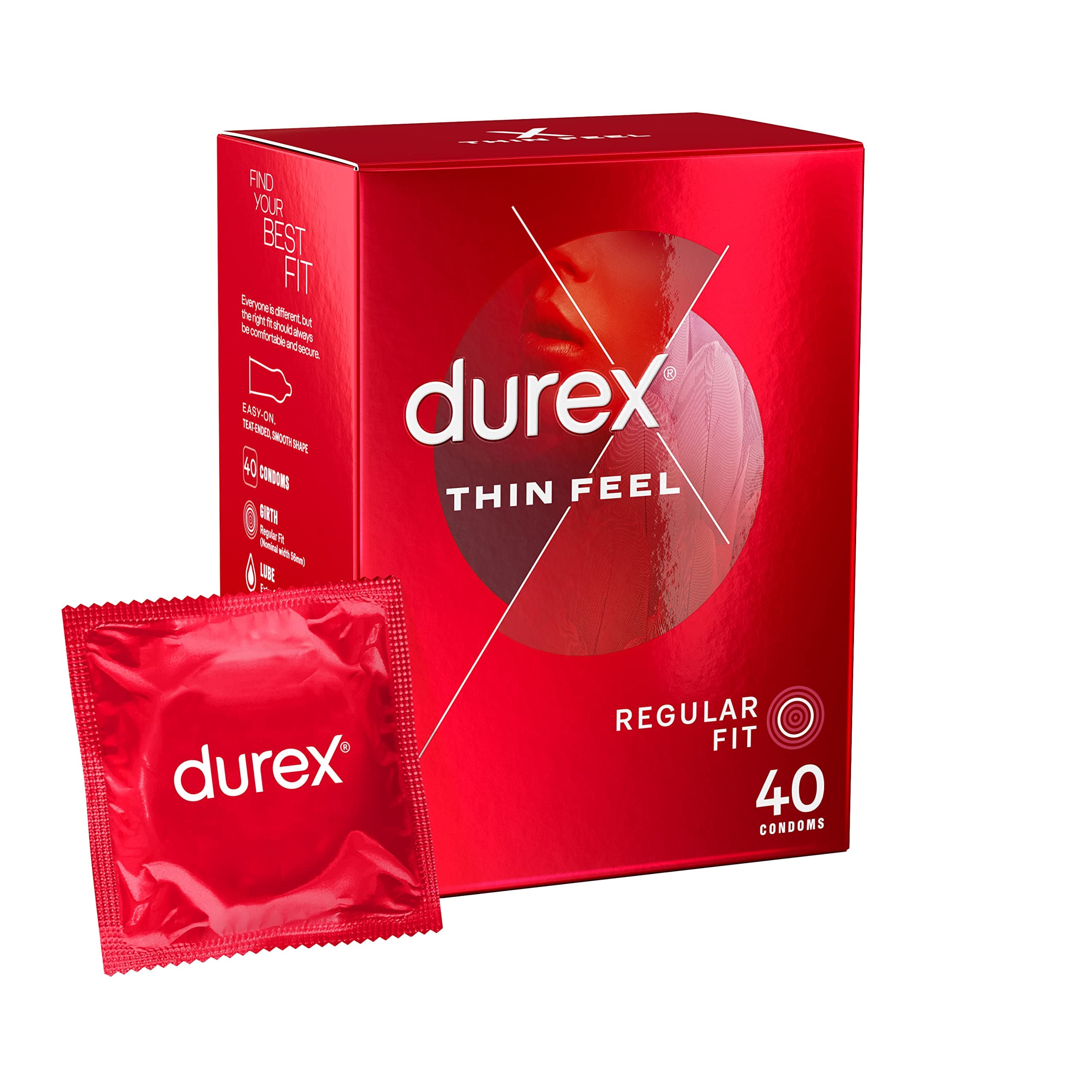 Thin Feel, 40 Condoms, With Silicone Lube, Easy On Shape, Regular Fit, Natural Latex, Thin for More Sensitivity, Same Durex Security and Protection, Teat Ended